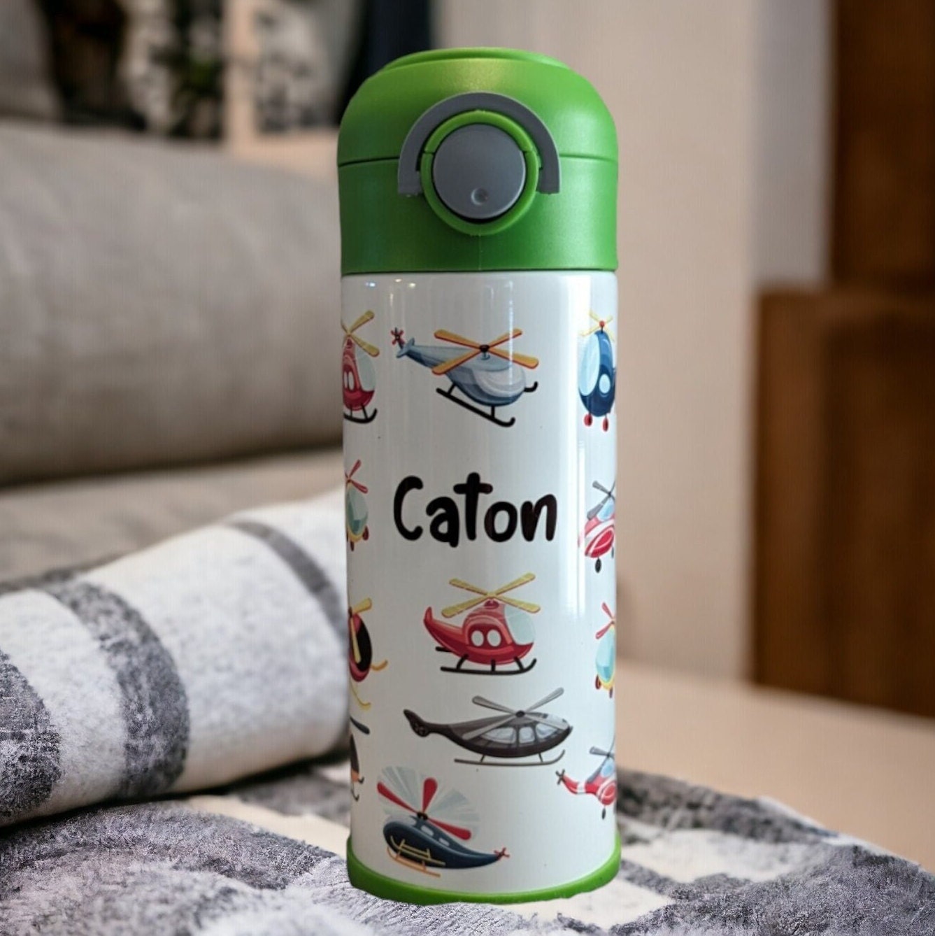 Kids Helicopter Water Bottle 12oz With Reusable Straw, Can Be Personalized