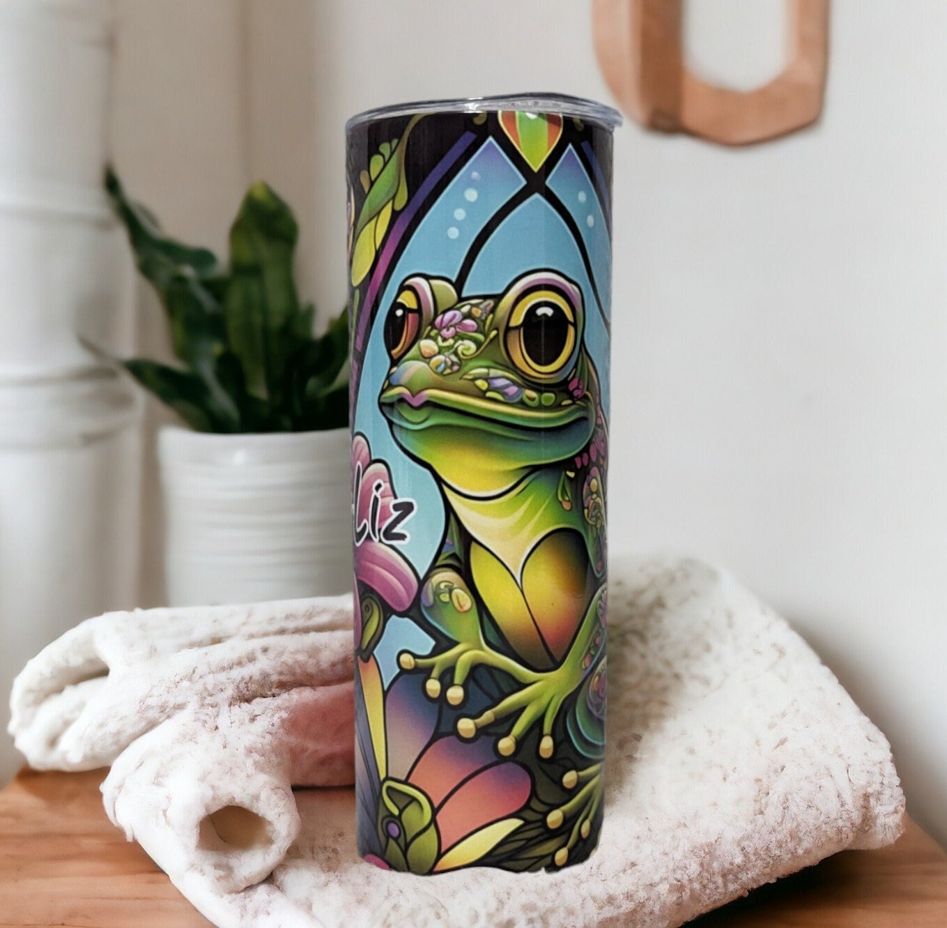 Frog Tumbler With Stained Glass Design 20oz With Reusable Straw, Can Be Personalized
