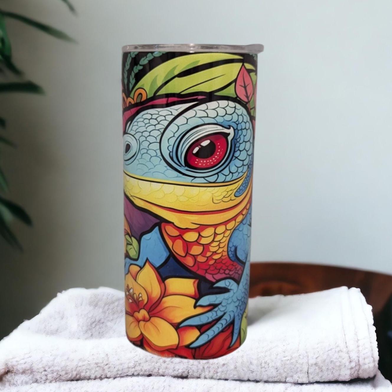 Neon Iguana Lizard Kids Tumbler 15oz With Reusable Straw, Can Be Personalized