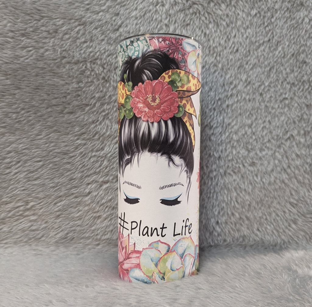 Plant Life Tumbler With Plants and A Mom Bun/Messy Bun Girl 20oz With Reusable Straw, Can Be Personalized