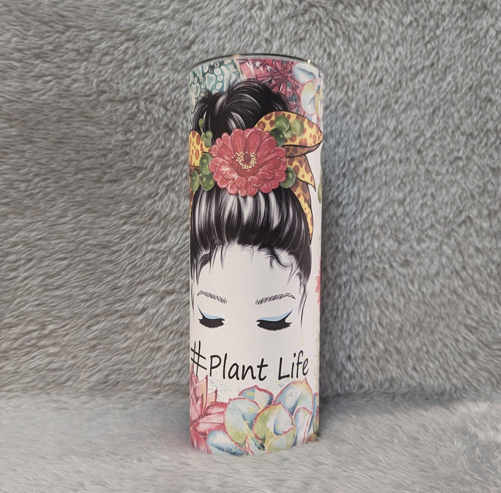Plant Life Tumbler With Plants and A Mom Bun/Messy Bun Girl 20oz With Reusable Straw, Can Be Personalized
