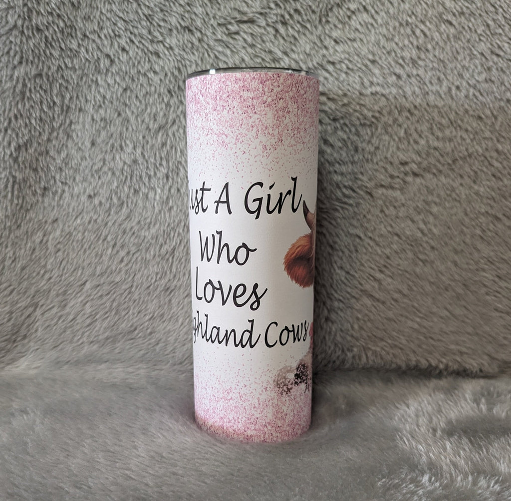 Just A Girl Who Loves Highland Cows Tumbler with A Glitter Design 20oz With Reusable Straw, Can Be Personalized