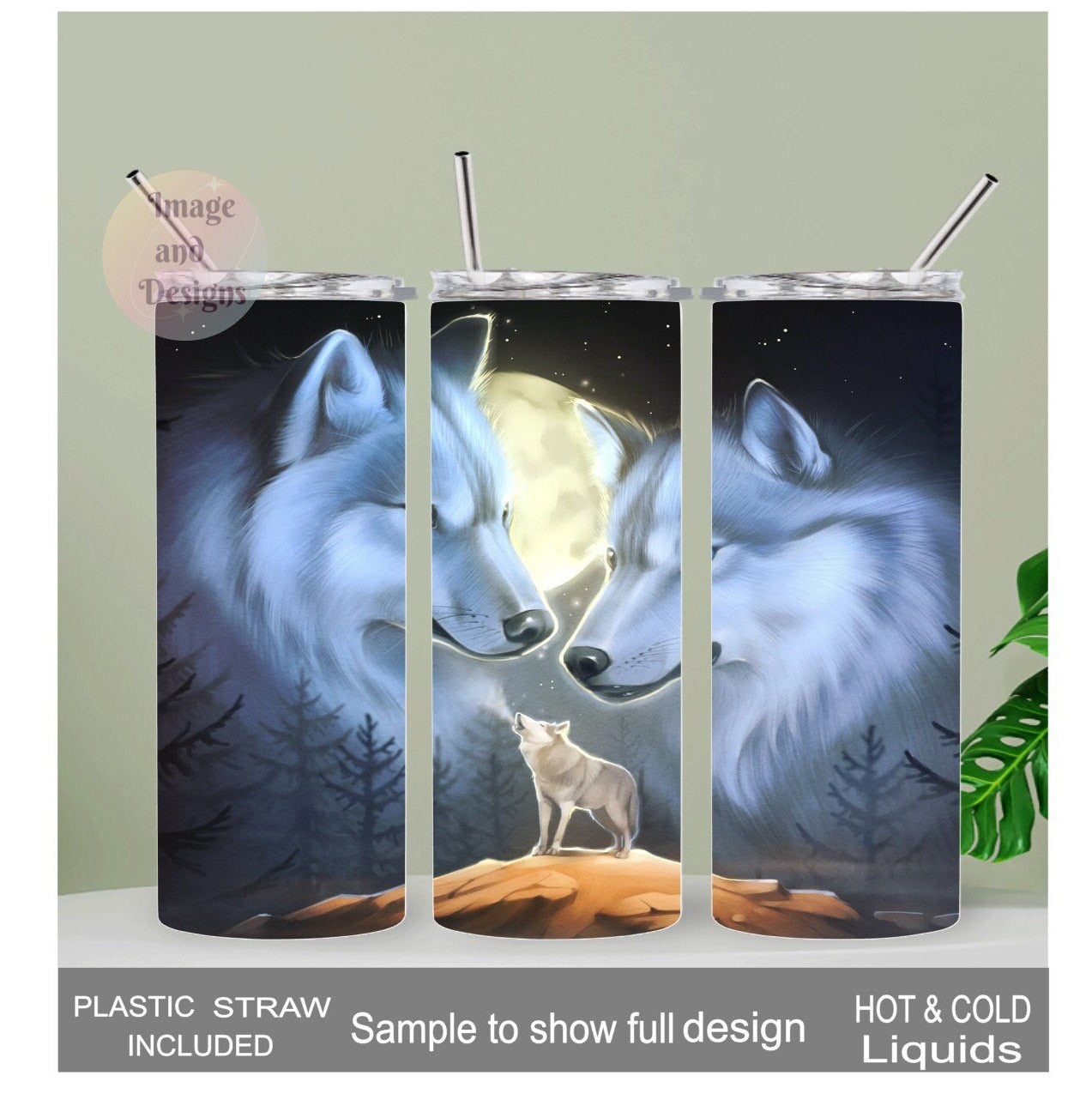 Moonlight Wolf Tumbler 20oz With Reusable Straw, Can Be Personalized