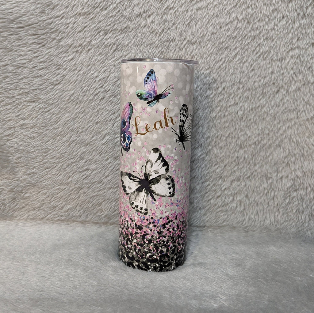 Pretty Butterfly Tumbler With A Glitter Design 20oz With Reusable Straw, Can Be Personalized