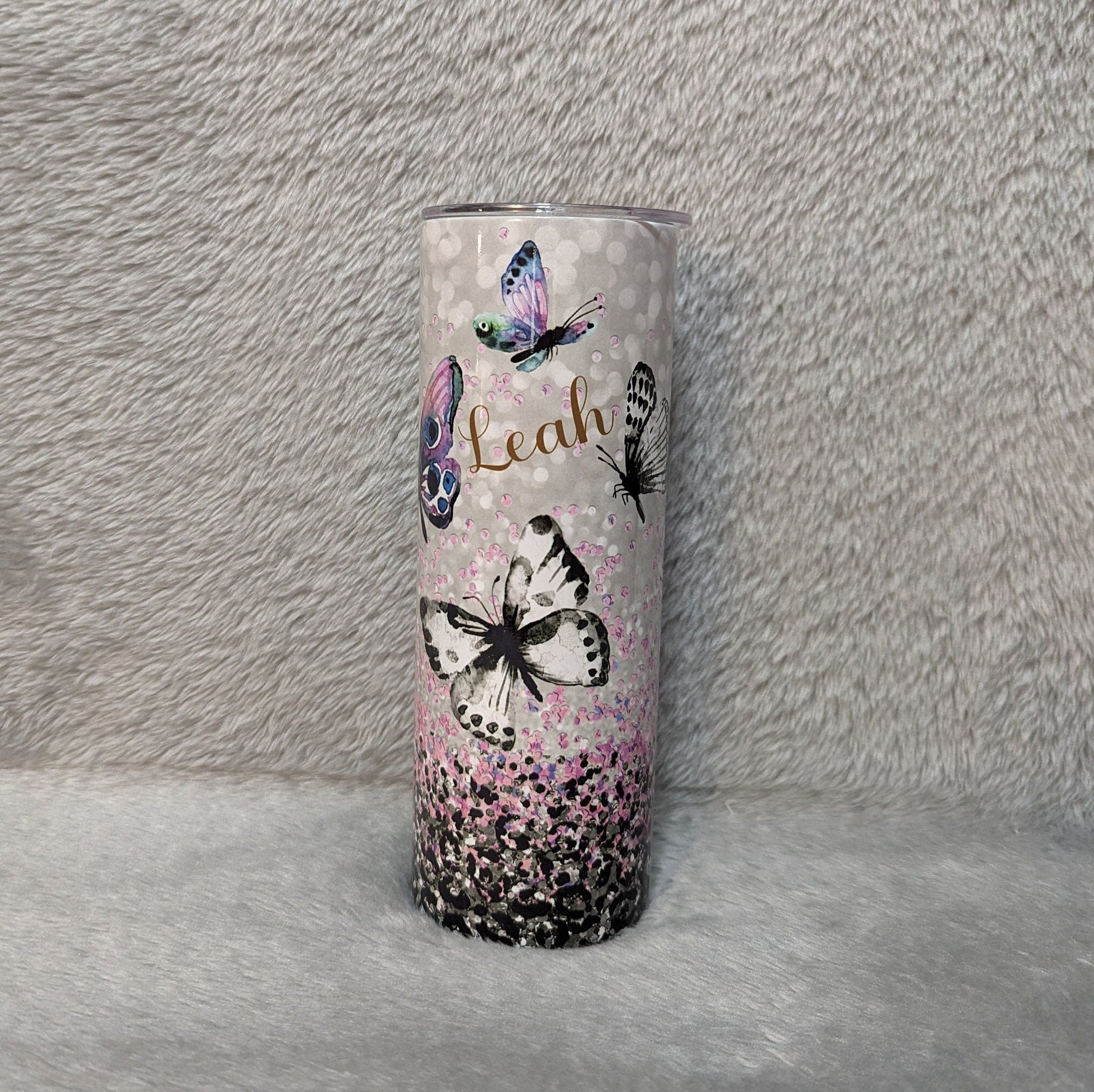 Pretty Butterfly Tumbler With A Glitter Design 20oz With Reusable Straw, Can Be Personalized