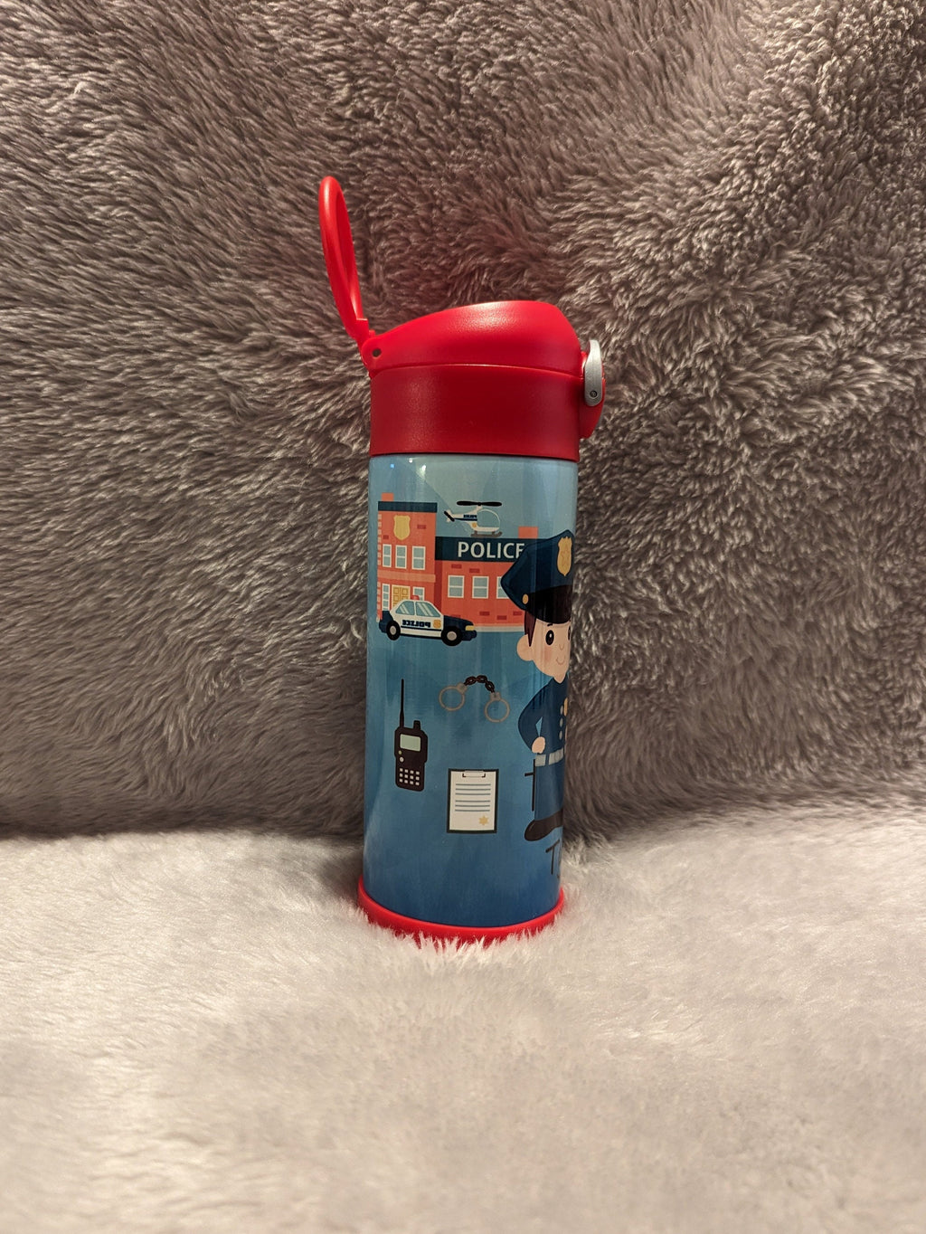 Kids Boy Cop Water Bottle 12oz With Reusable Straw Can Be Personalized