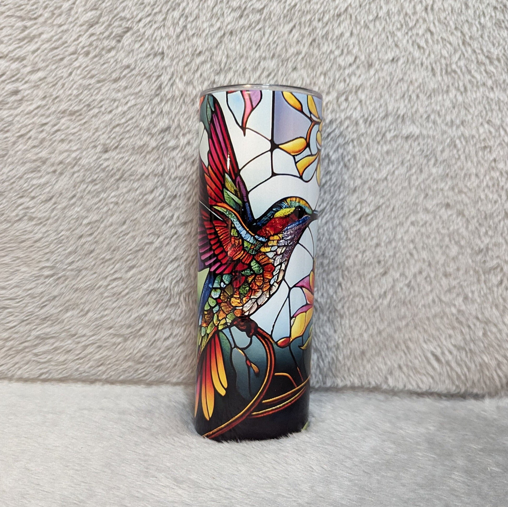 Colorful Hummingbird Tumbler With A Stained Glass Design 20oz With Reusable Straw, Can Be Personalized