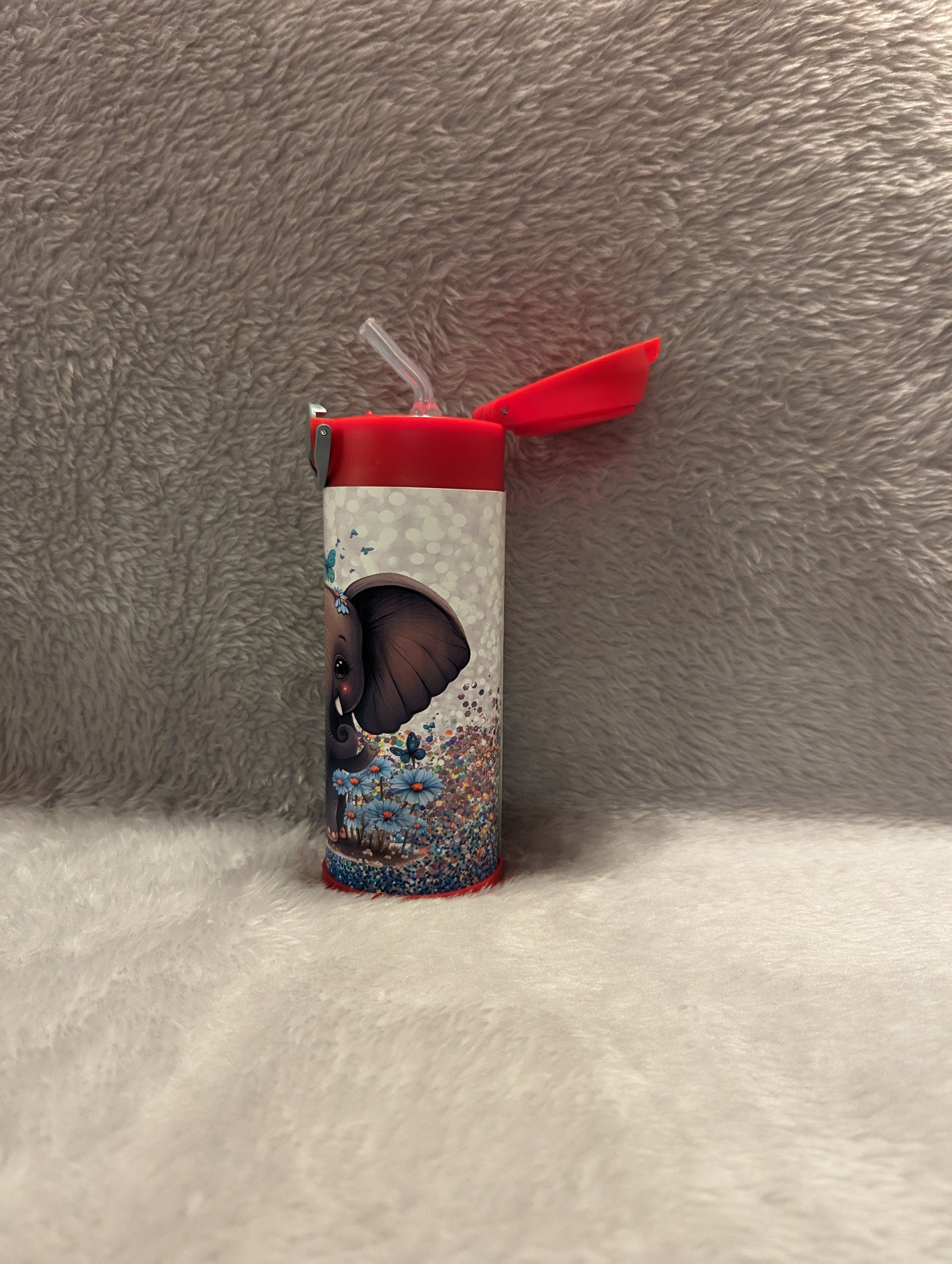 Kids Elephant Water Bottle 12oz With Reusable Straw Can Be Personalized