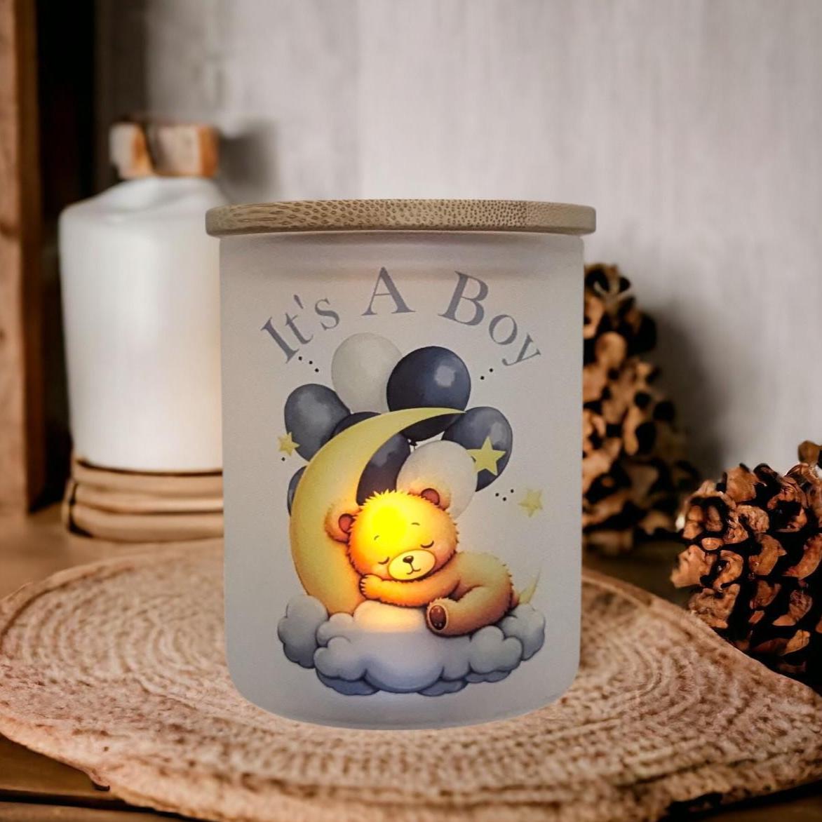 It's A Boy Candle Holder With A Battery Operated Flickering Tea Light