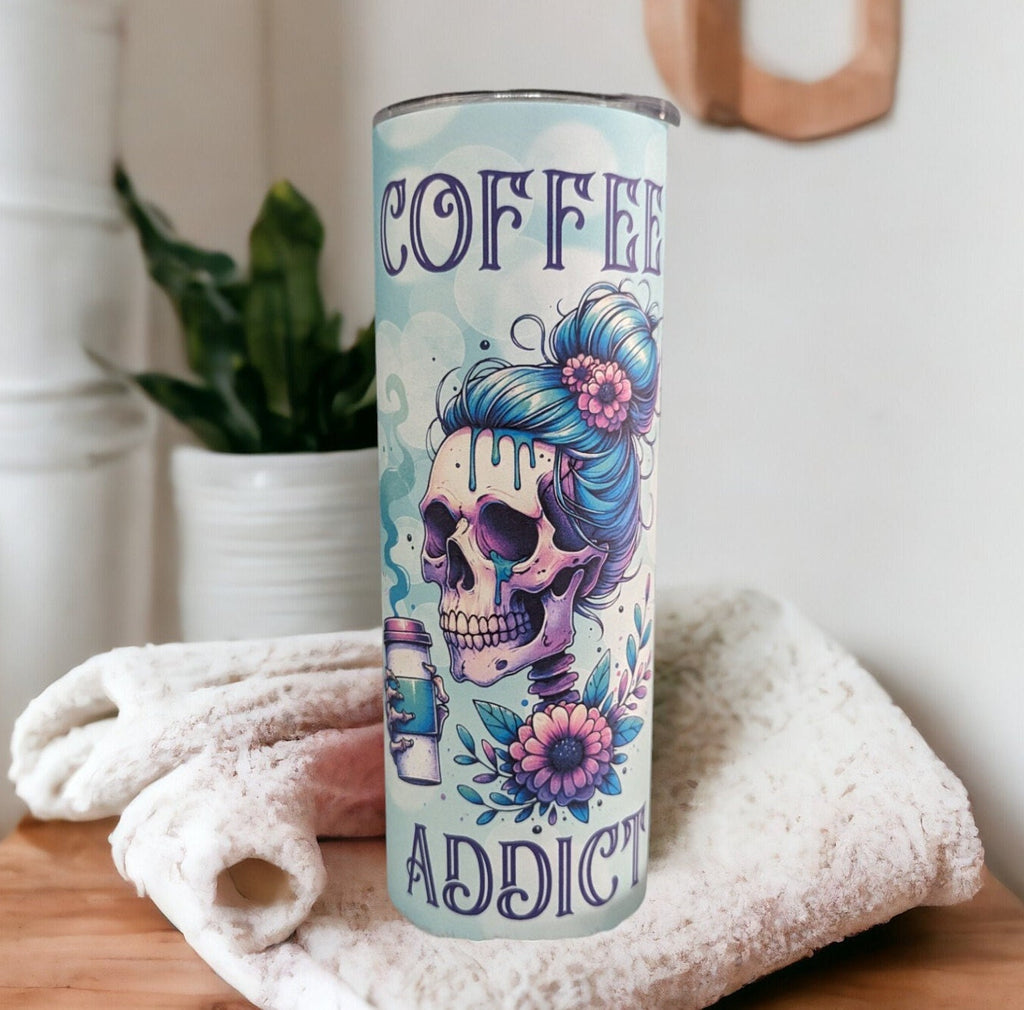 Coffee Addict Skeleton Girl Tumbler 20oz With Reusable Straw, Can Be Personalized