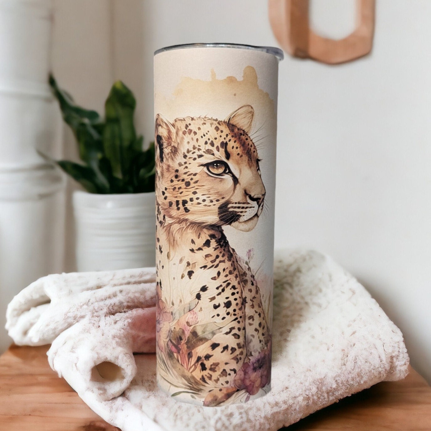 Leopard Tumbler with A Watercolor Design 20oz With Reusable Straw, Can Be Personalized
