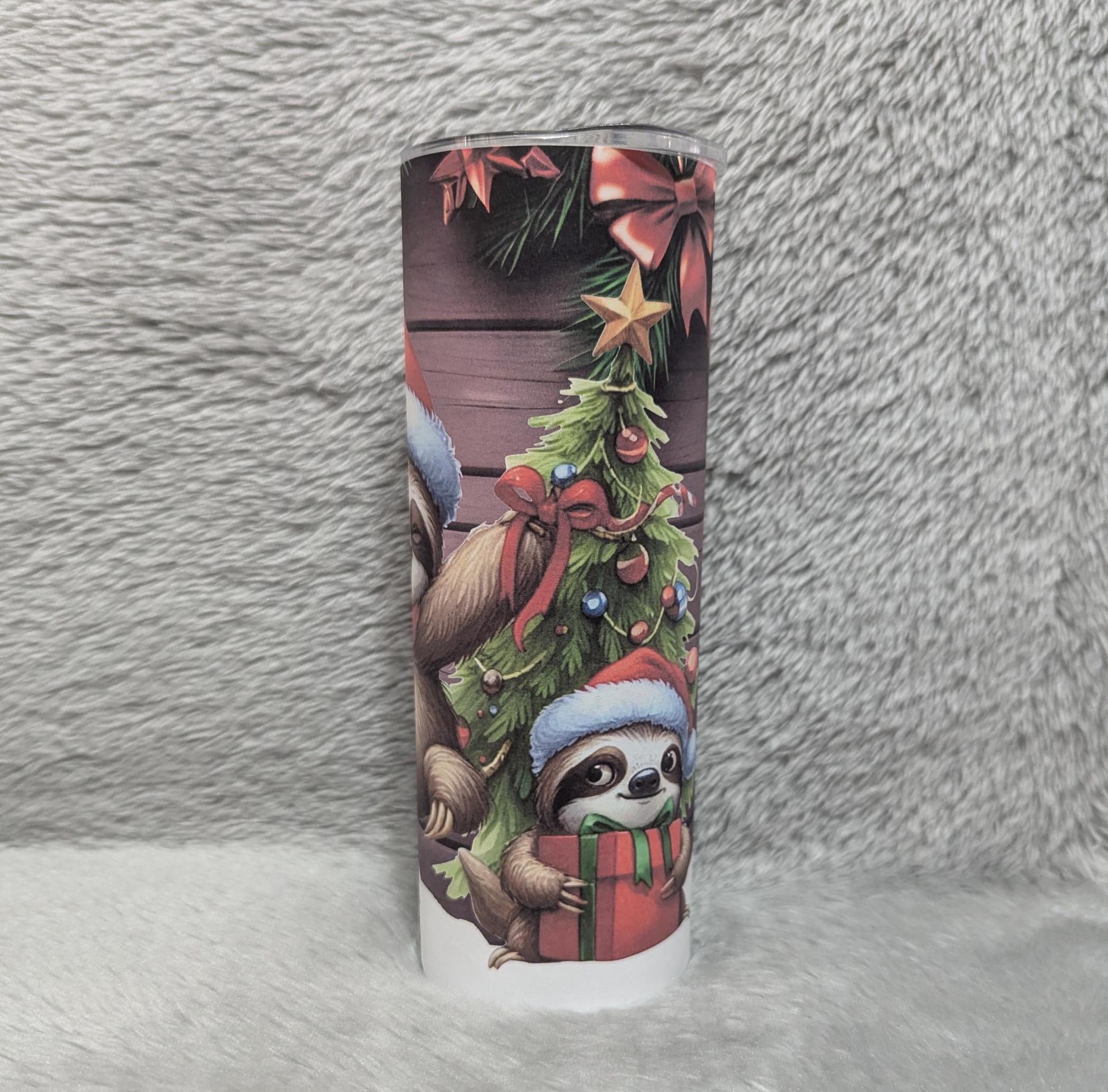 Christmas Sloth Tumbler 20oz With Reusable Straw, Can Be Personalized