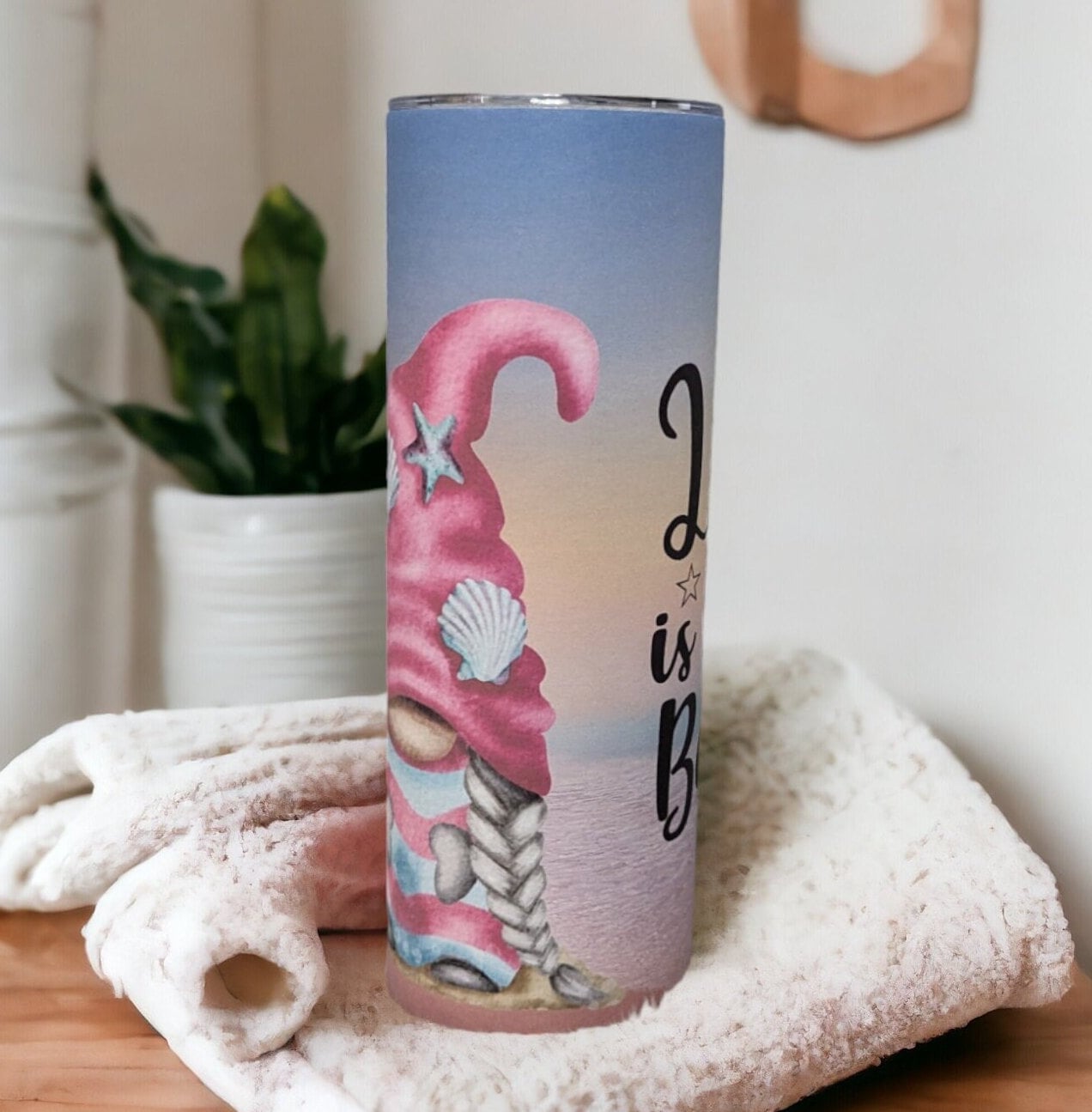 Girl Beach Gnome Tumbler Life Is Better At The Beach 20oz With Reusable Straw, Can Be Personalized