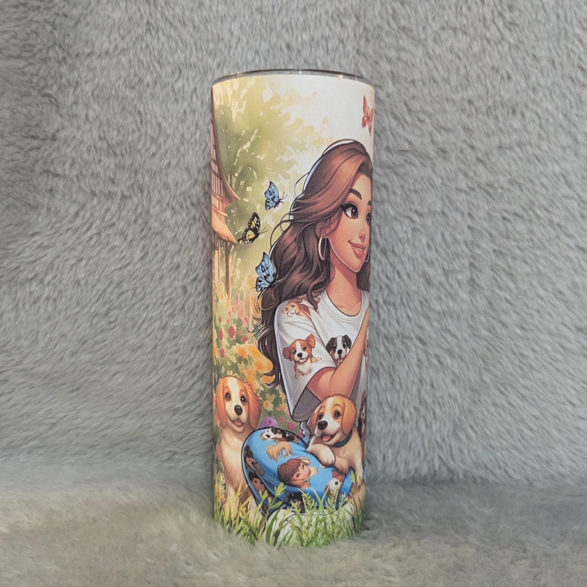Cute Girl with Puppies Tumbler 20oz With Reusable Straw, Can Be Personalized