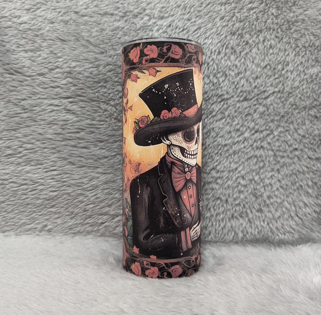 Skeleton Tumbler Featuring a Romantic Skeleton Couple and Flowers 20oz With Reusable Straw, Can Be Personalized