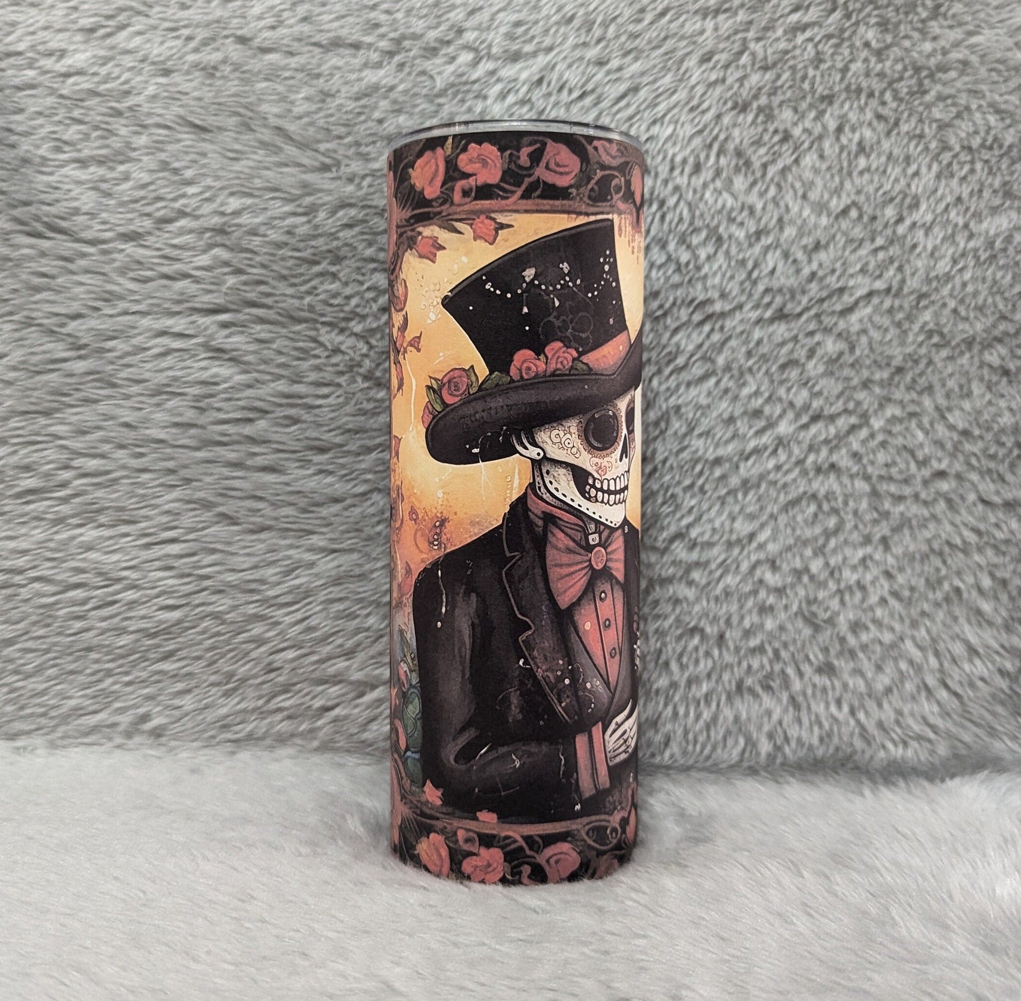 Skeleton Tumbler Featuring a Romantic Skeleton Couple and Flowers 20oz With Reusable Straw, Can Be Personalized