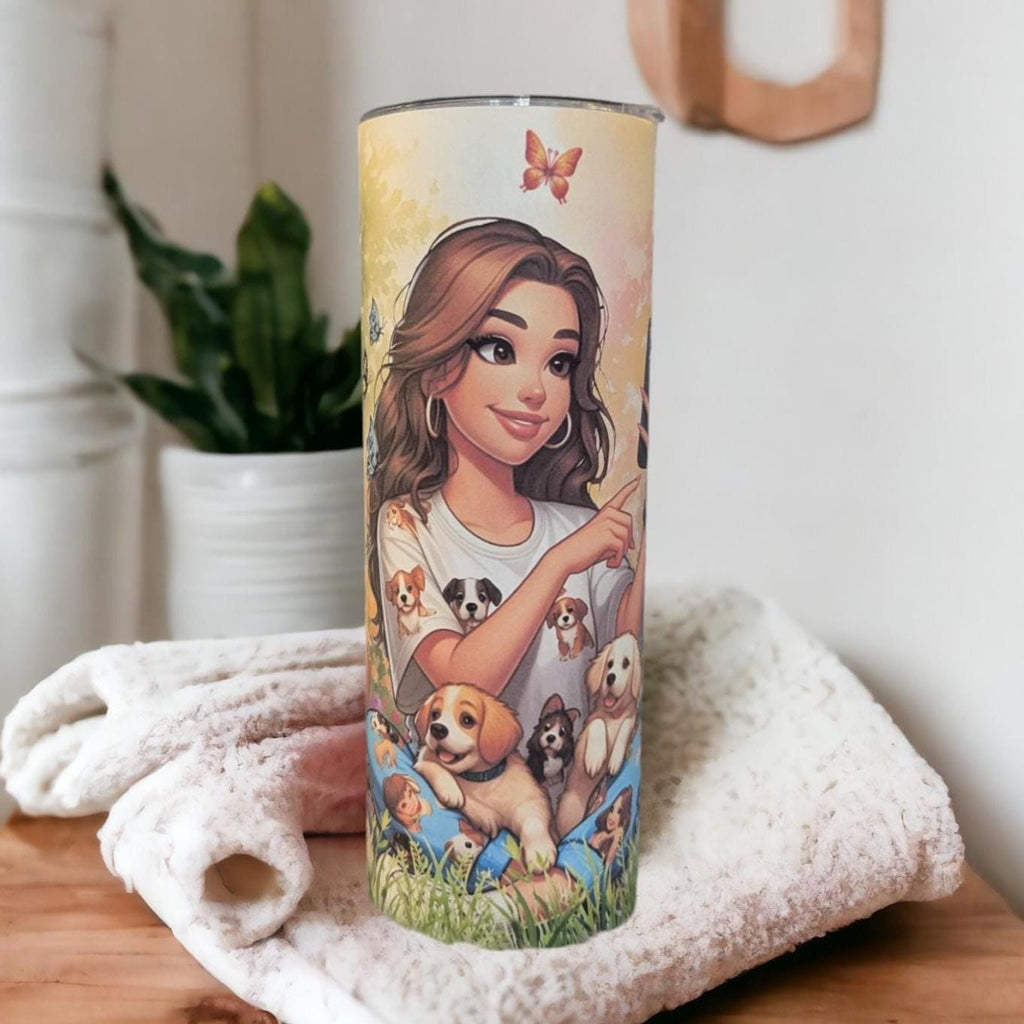 Cute Girl with Puppies Tumbler 20oz With Reusable Straw, Can Be Personalized