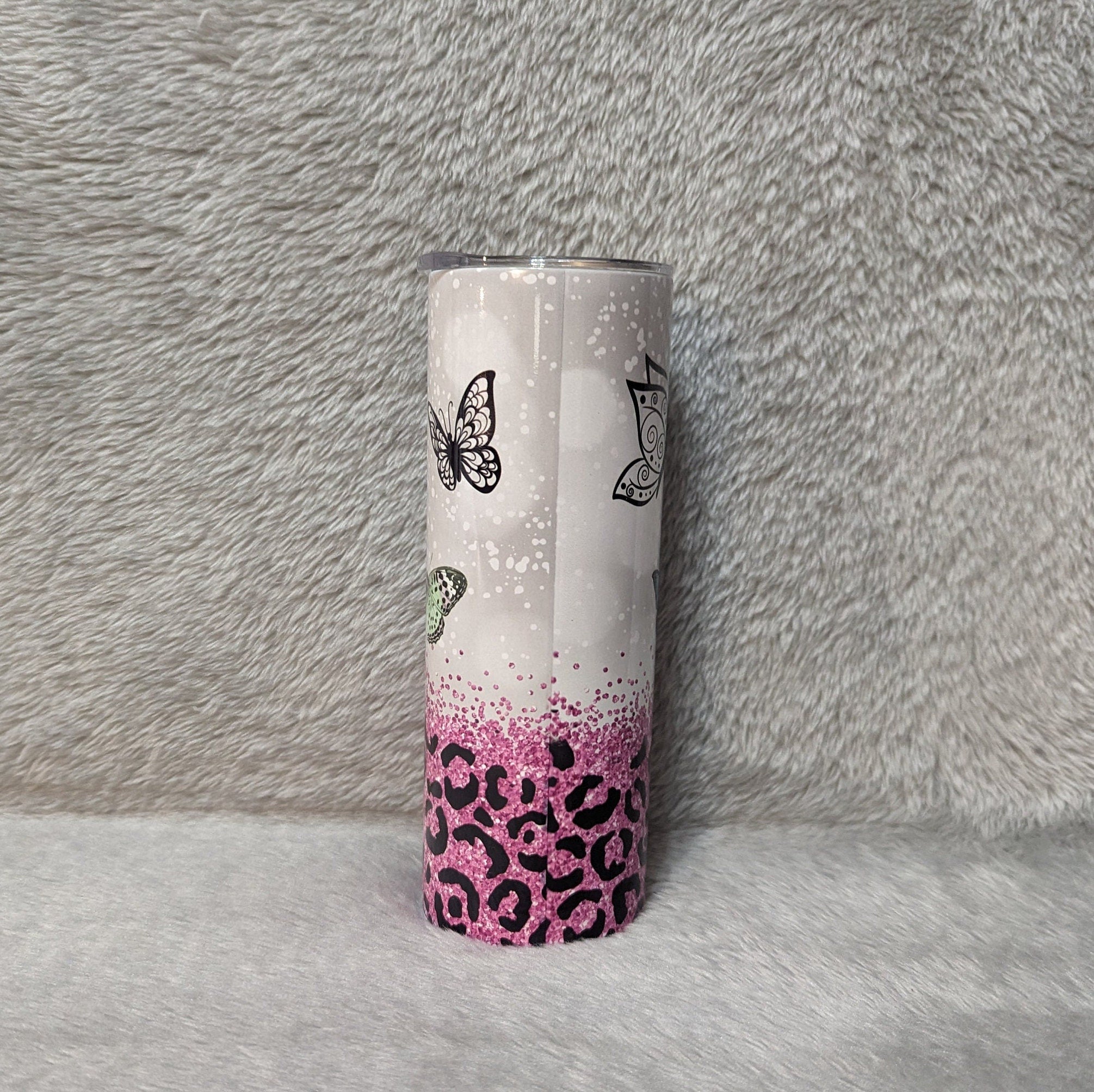 Butterfly Tumbler With A Glitter Design 20oz With Reusable Straw, Can Be Personalized