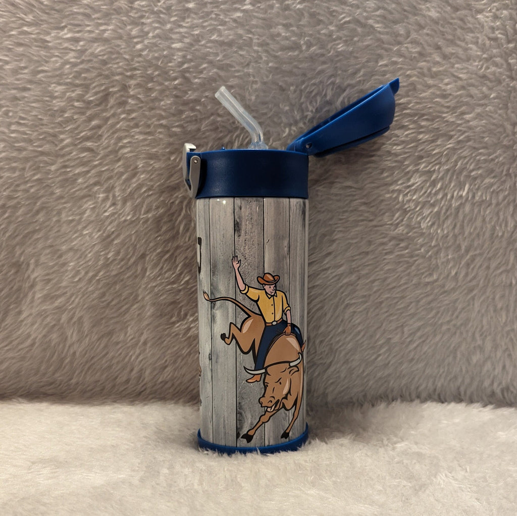 Kids Bull Riding Water Bottle 12oz With Reusable Straw Can Be Personalized