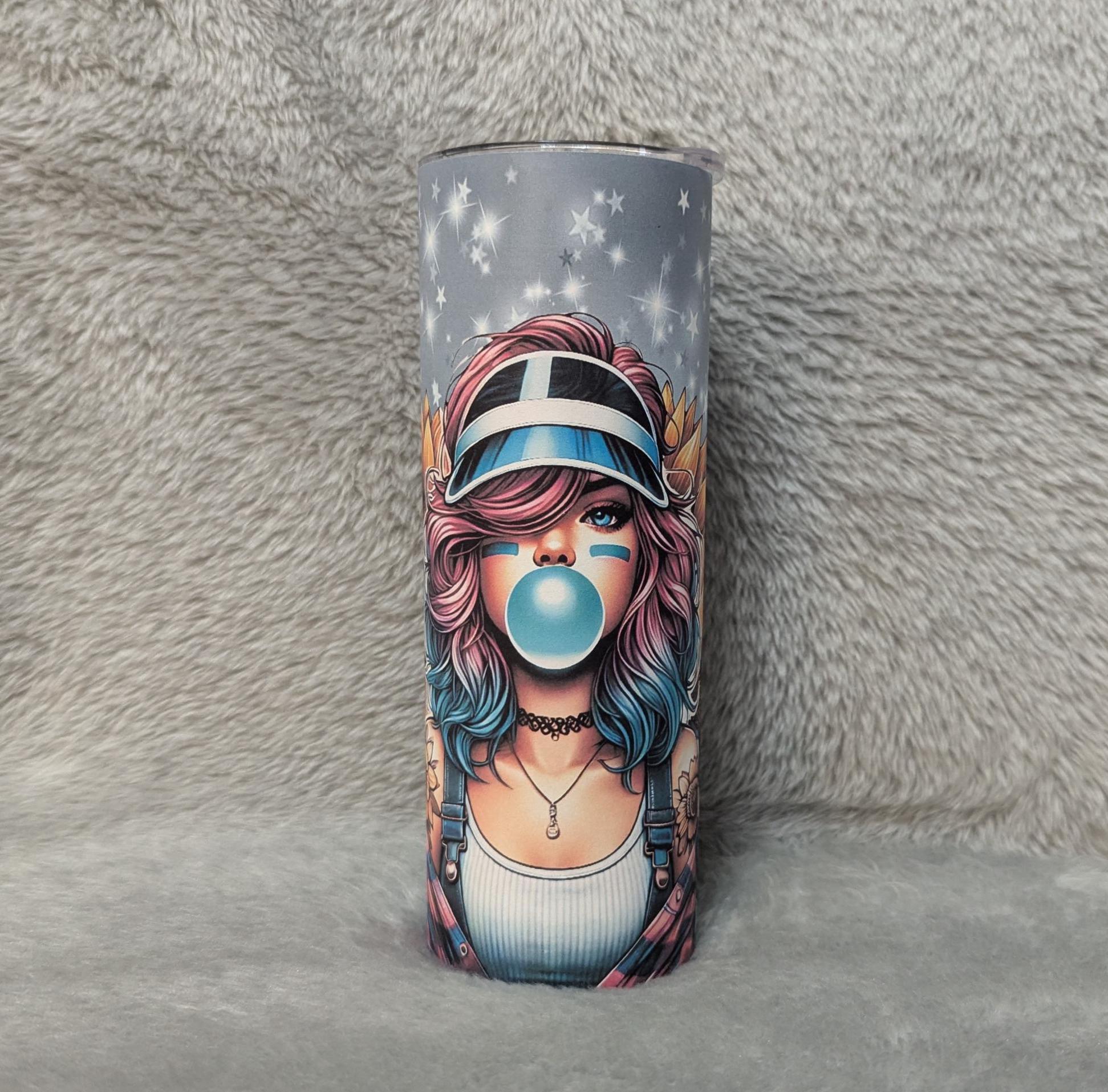 Sunflower Bubble Gum Girl Tumbler 20oz With Reusable Straw, Can Be Personalized