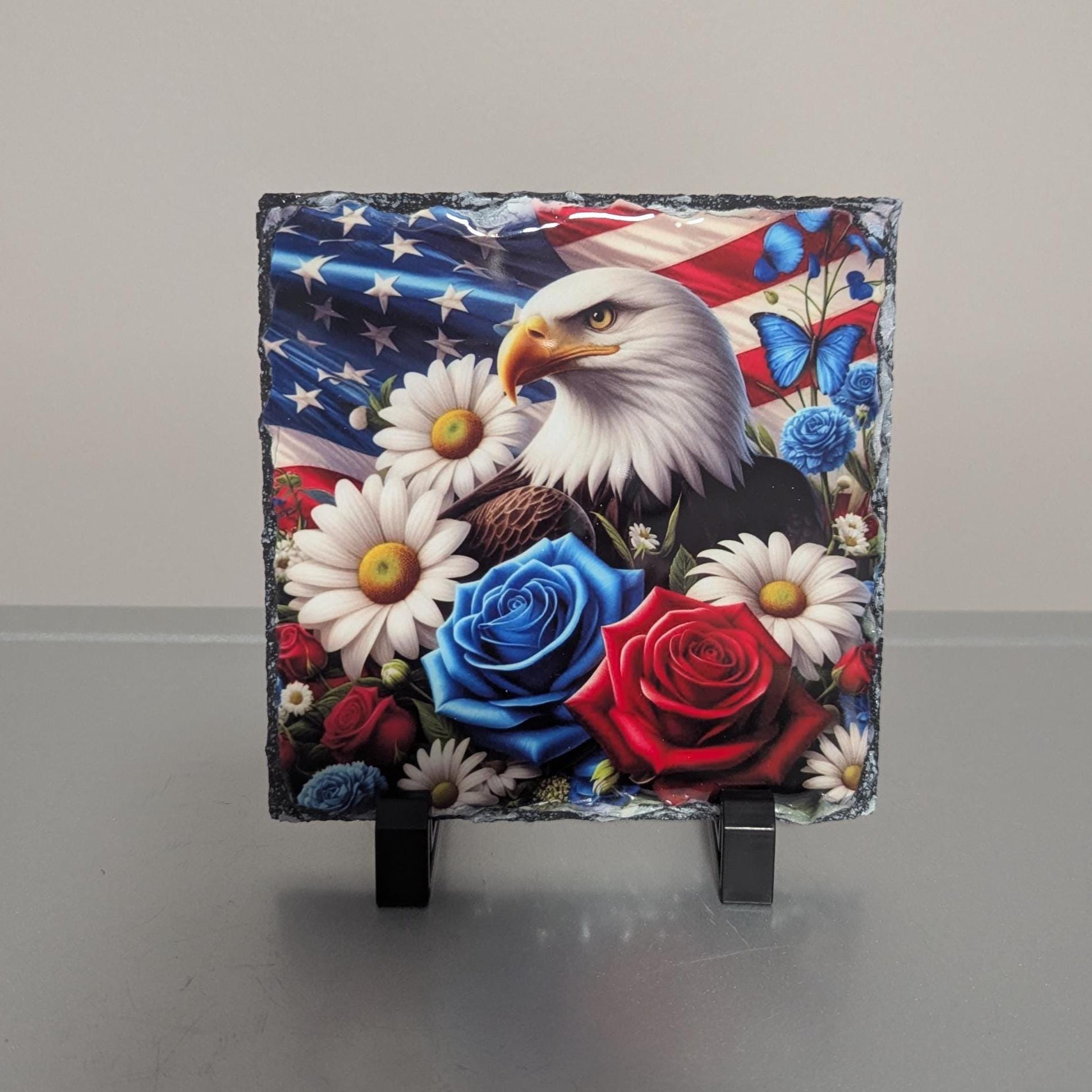 Eagle With Flowers and Flag Slate Picture With Display Legs