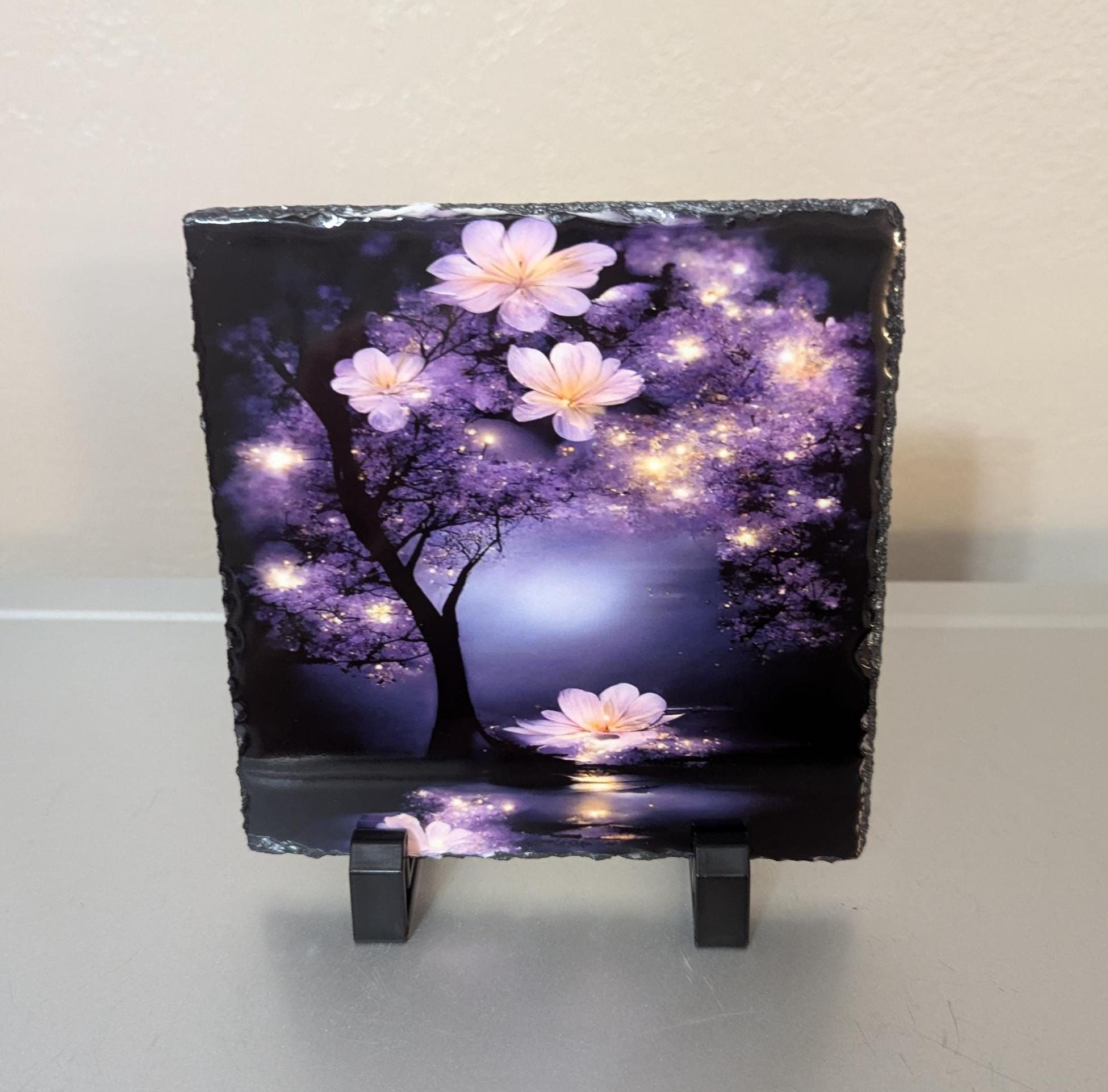 Pretty Purple Tree Slate Picture With Display Legs