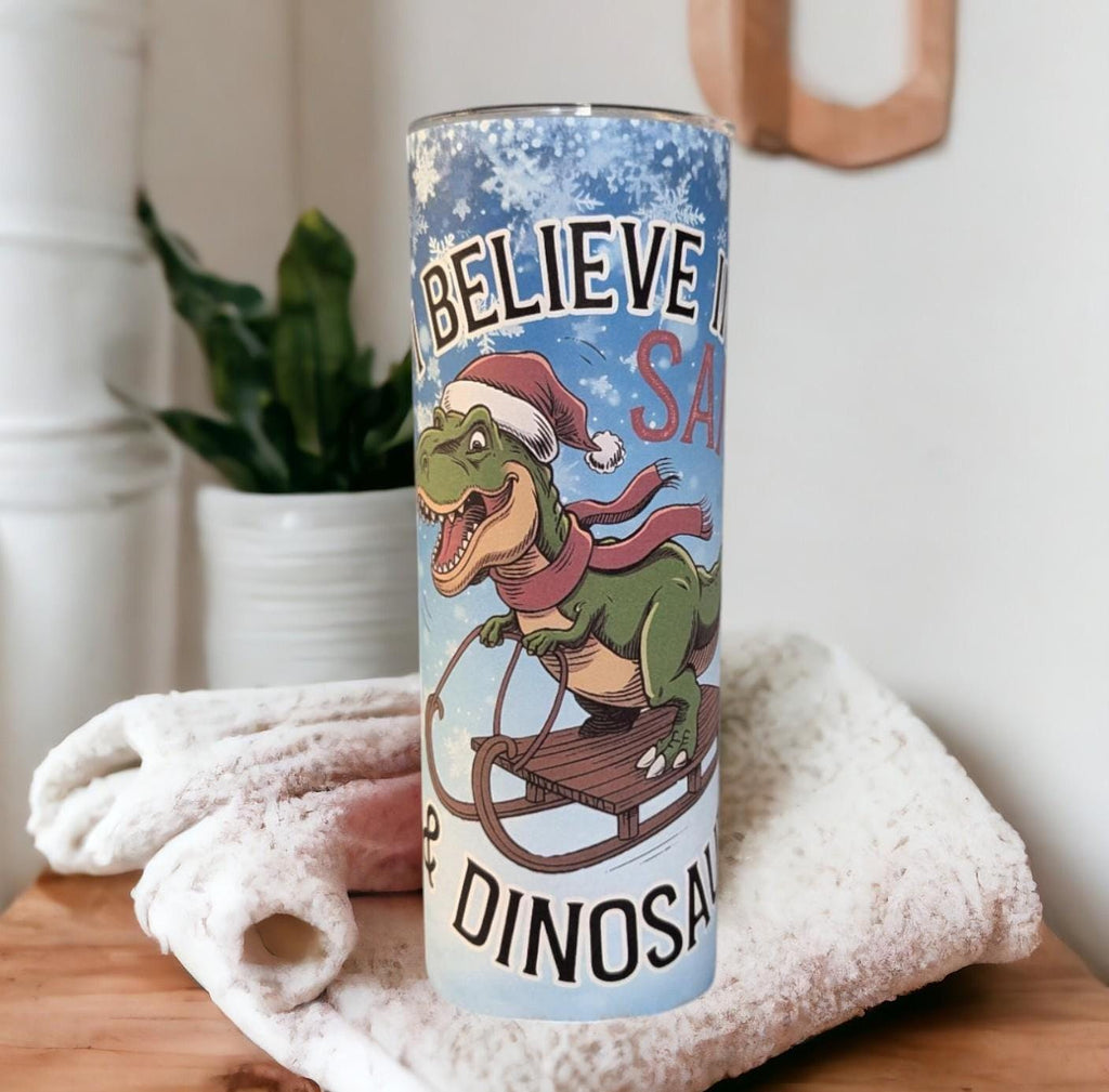 Christmas Dinosaur Tumbler 20oz With Reusable Straw, Can Be Personalized