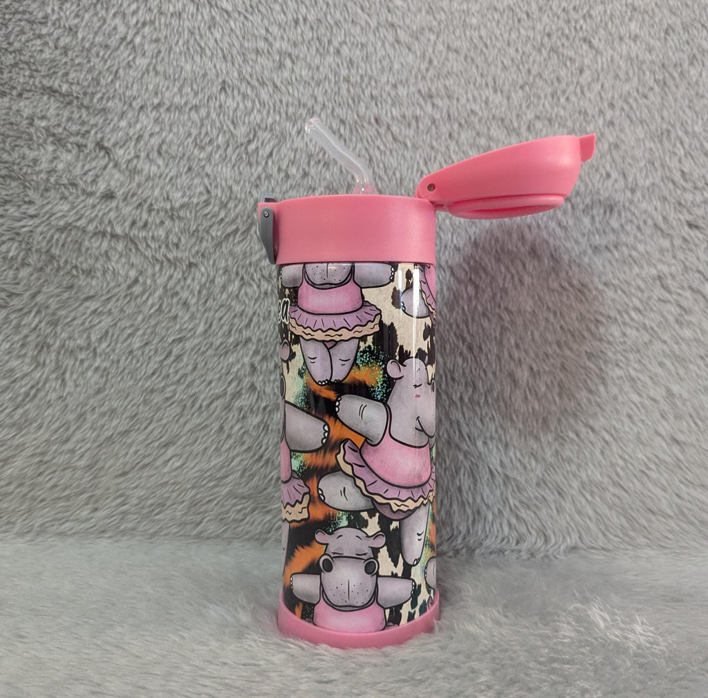 Kids Hippo Water Bottle 12oz With Reusable Straw Can Be Personalized