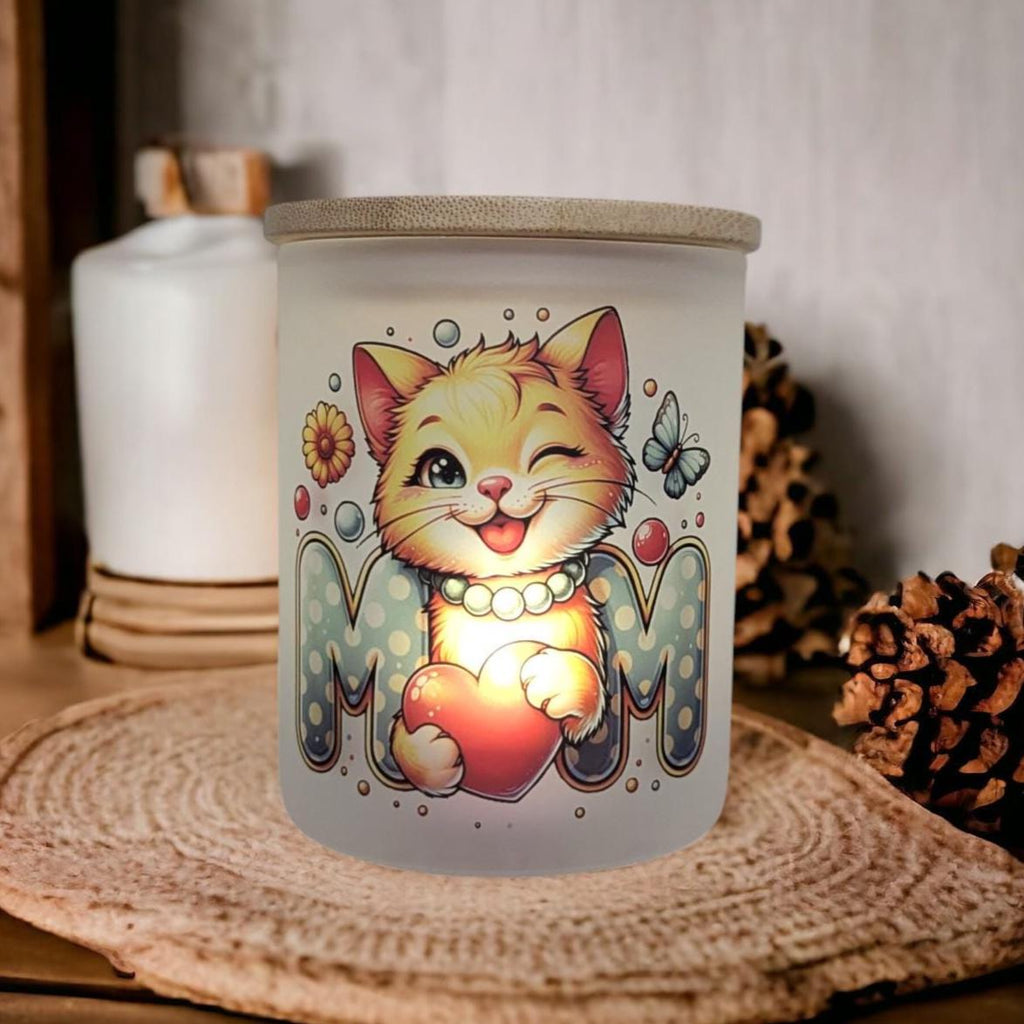 Cat Mom Candle Holder With A Battery Operated Flickering Tea Light