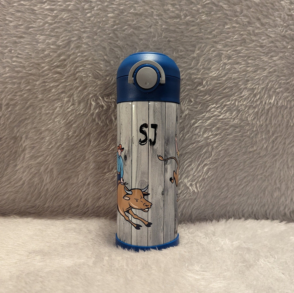 Kids Bull Riding Water Bottle 12oz With Reusable Straw Can Be Personalized