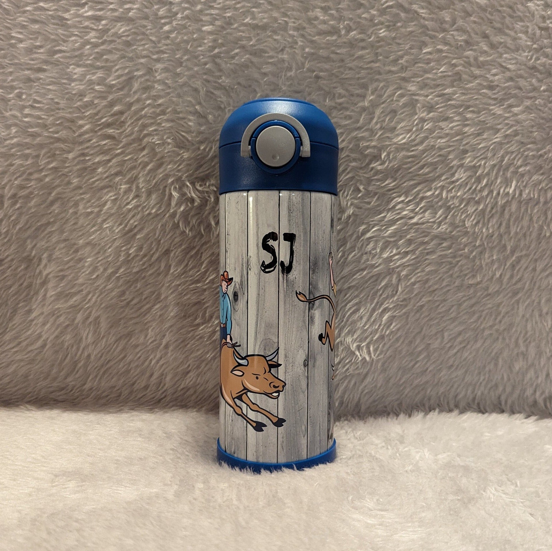 Kids Bull Riding Water Bottle 12oz With Reusable Straw Can Be Personalized