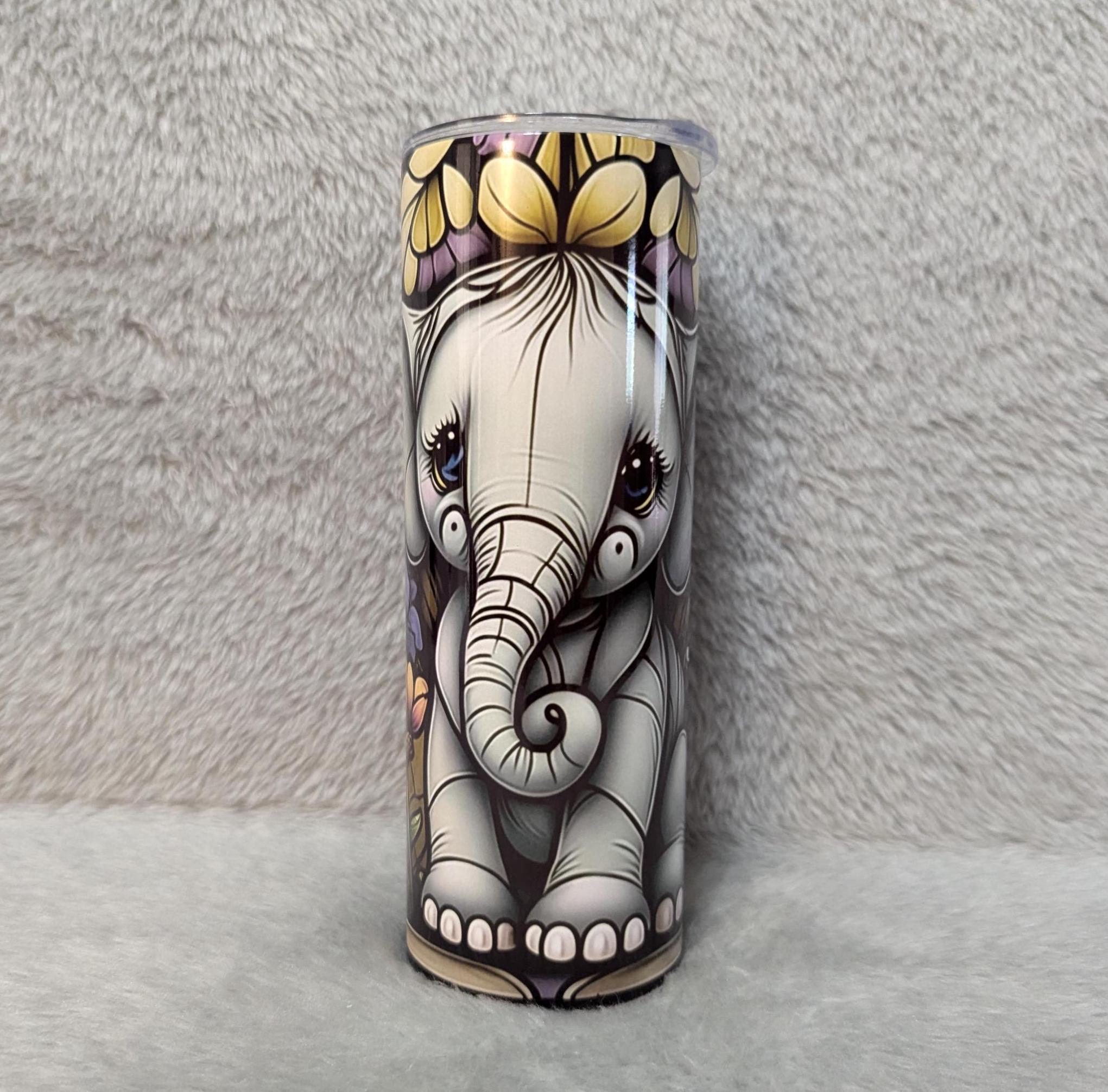 Adorable Baby Elephant Tumbler with Stained Glass Design 20oz With Reusable Straw, Can Be Personalized