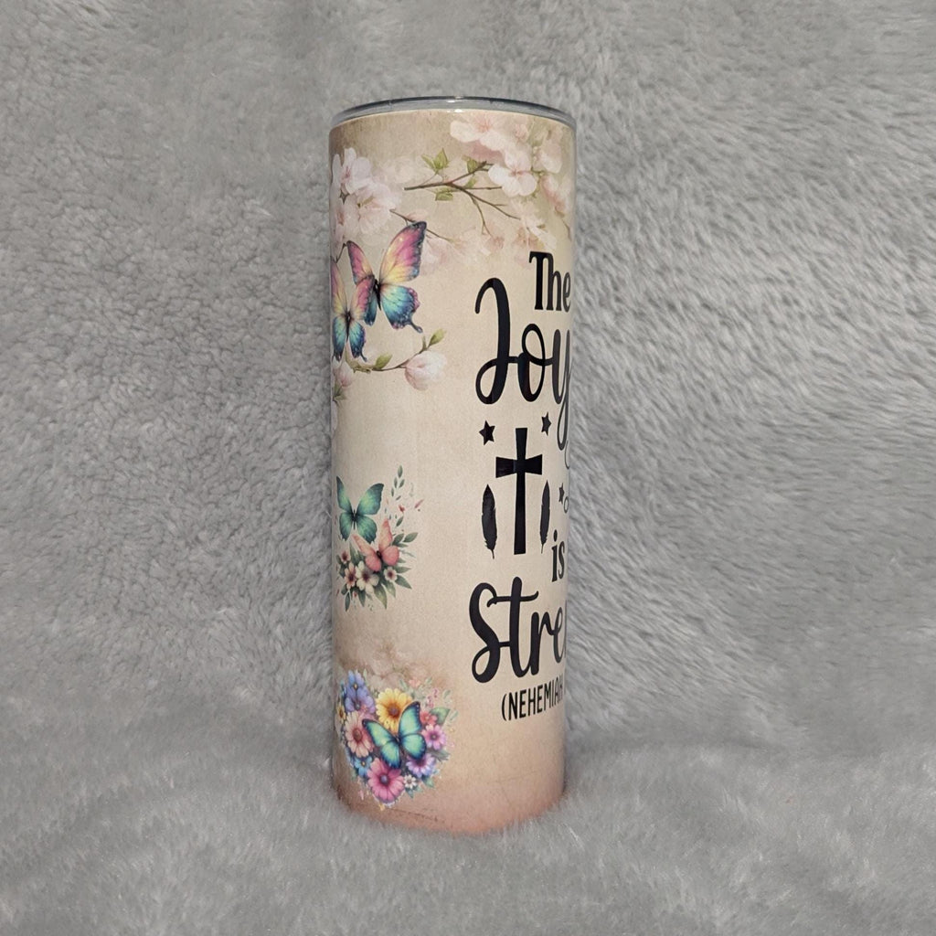 The Joy Of The Lord Tumbler With Pretty Butterflies, Bible Verse Nehemiah 8:10, 20oz With Reusable Straw