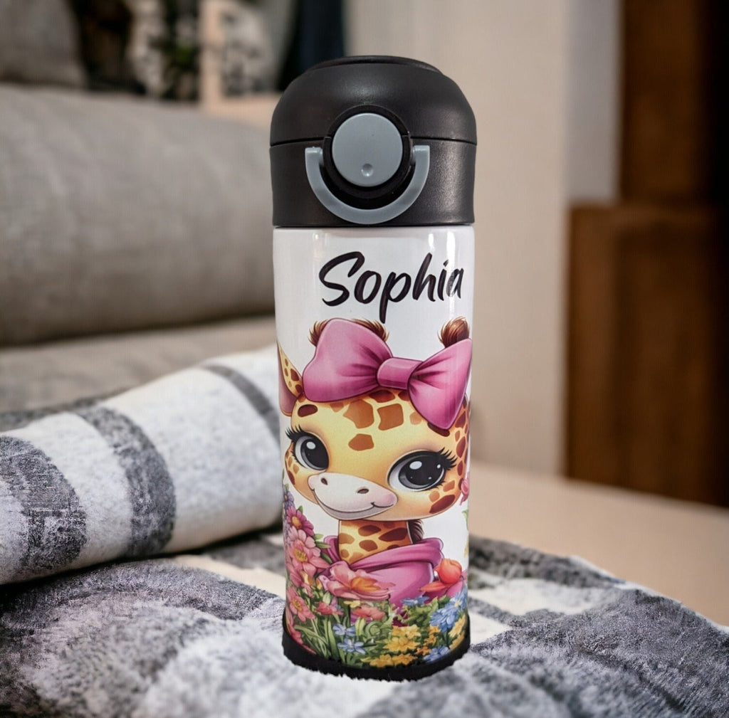 Girl Giraffe Water Bottle 12oz With Reusable Straw Can Be Personalized