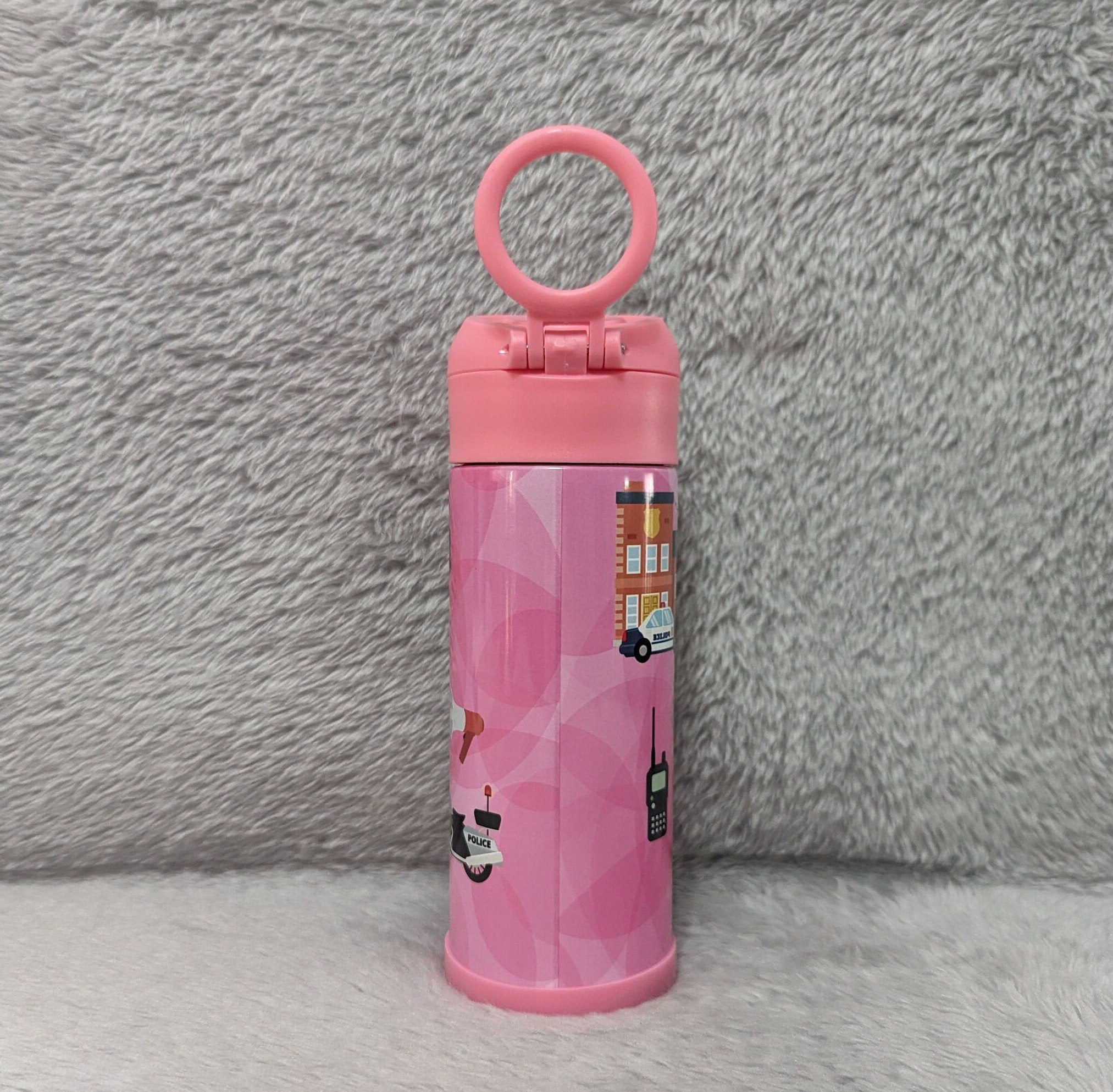 Kids Girl Cop Water Bottle 12oz With Reusable Straw Can Be Personalized