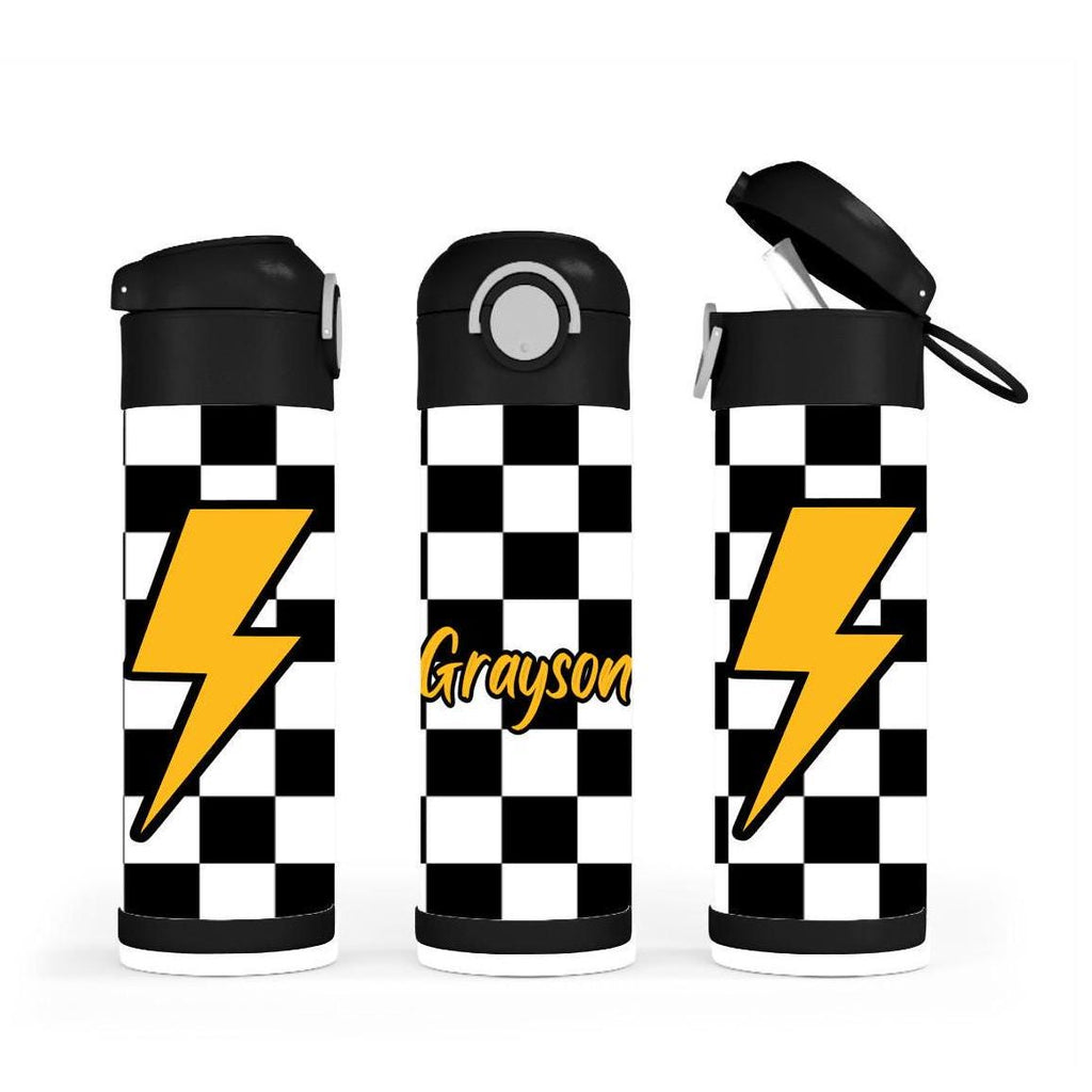 Kids Checkered Lightning Bolt Water Bottle 12oz With Reusable Straw Can Be Personalized