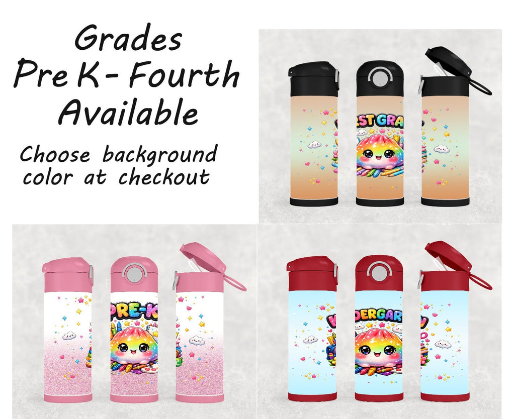 Kids Rainbow school grade dumpling water bottle 12oz Grades Pre K - Fourth Grade available. Includes a reusable straw, can be personalized.