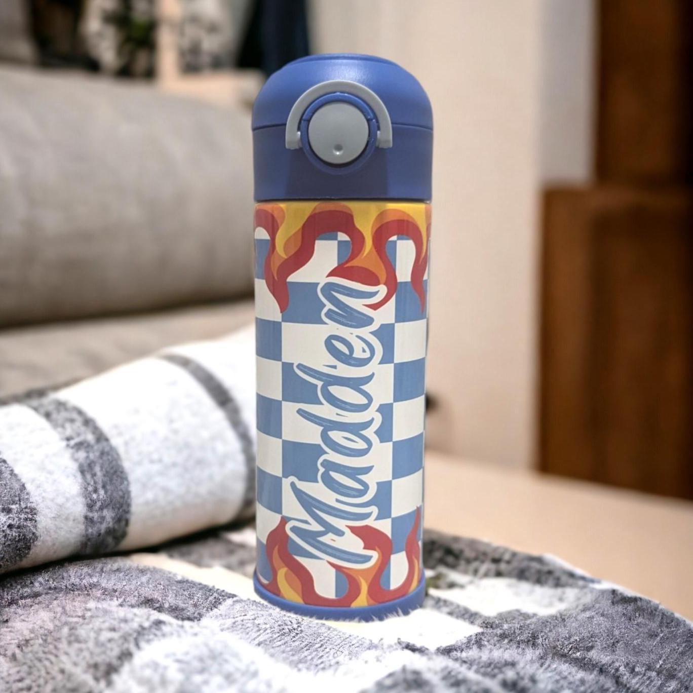 Kids Checkered Flames Water Bottle 12oz With Reusable Straw, Can Be Personalized