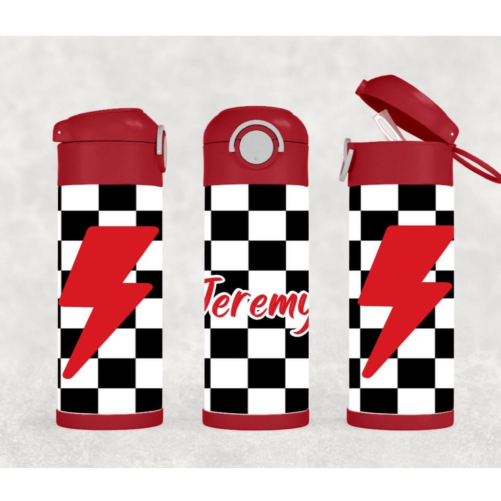 Kids Checkered Lightning Bolt Design Water Bottle 20oz With Reusable Straw Can Be Personalized