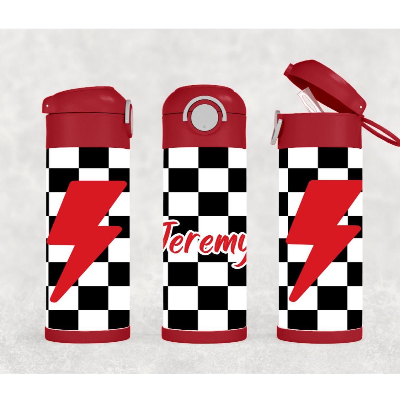 Kids Checkered Lightning Bolt Design Water Bottle 20oz With Reusable Straw Can Be Personalized