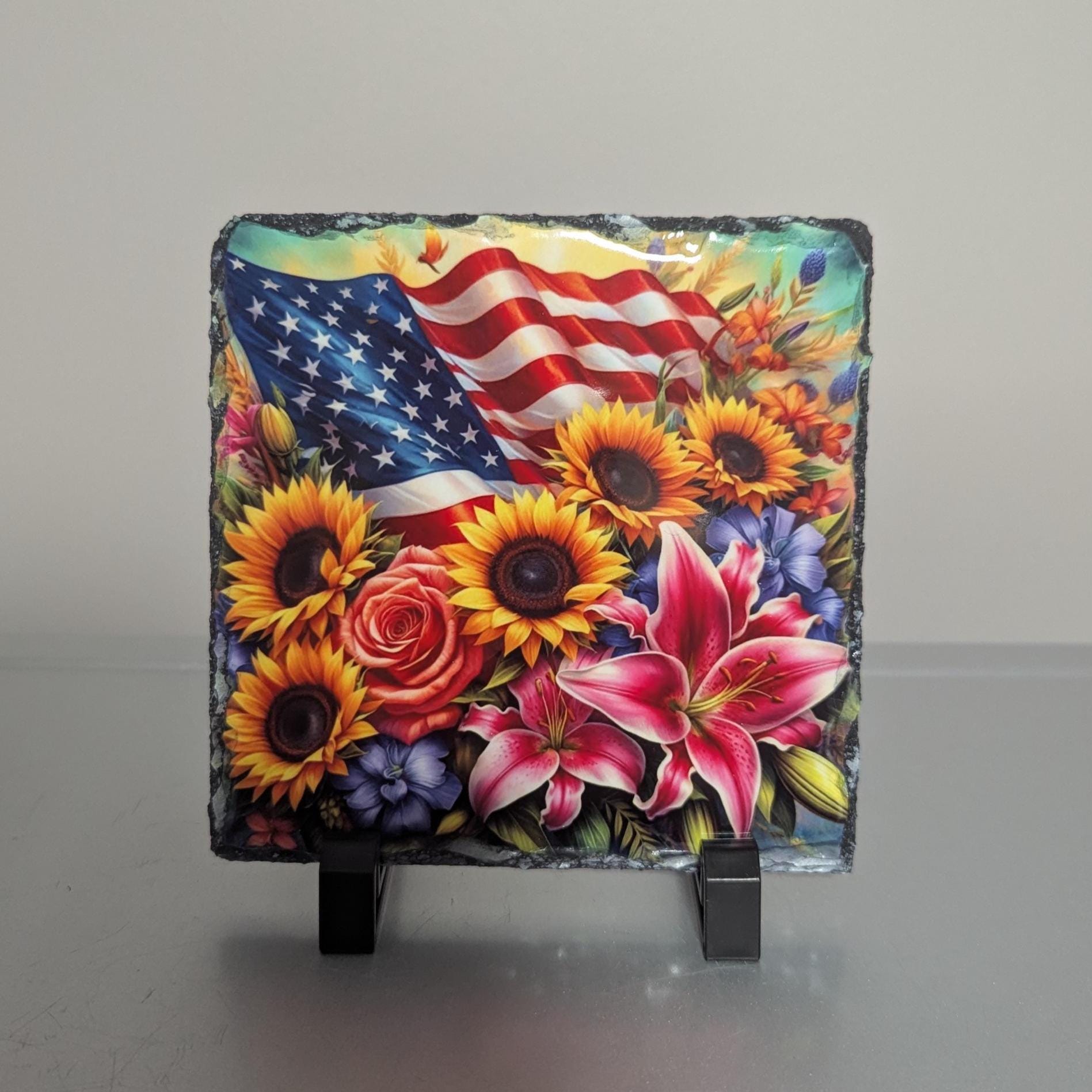 American Flag with Flowers Slate Picture With Display Legs