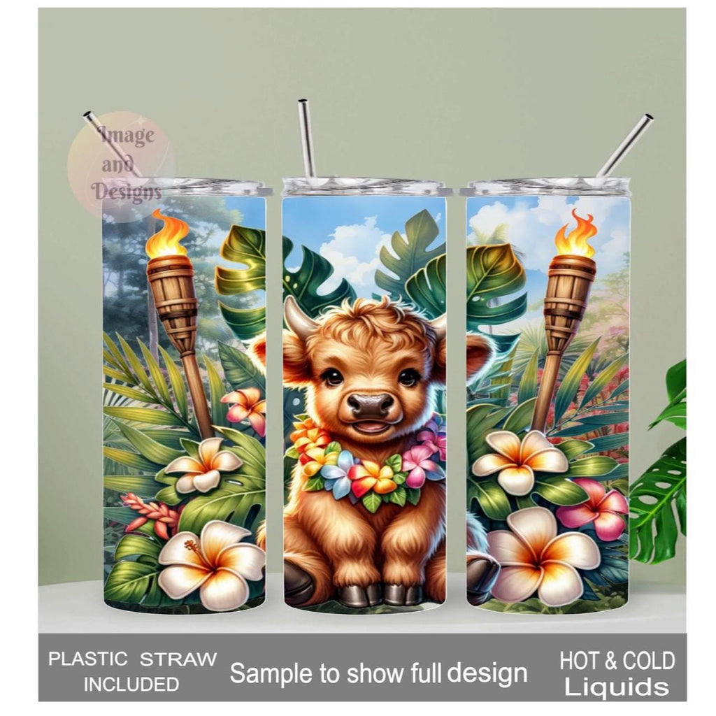 Tropical Highland Cow Tumbler 20oz With Reusable Straw, Can Be Personalized