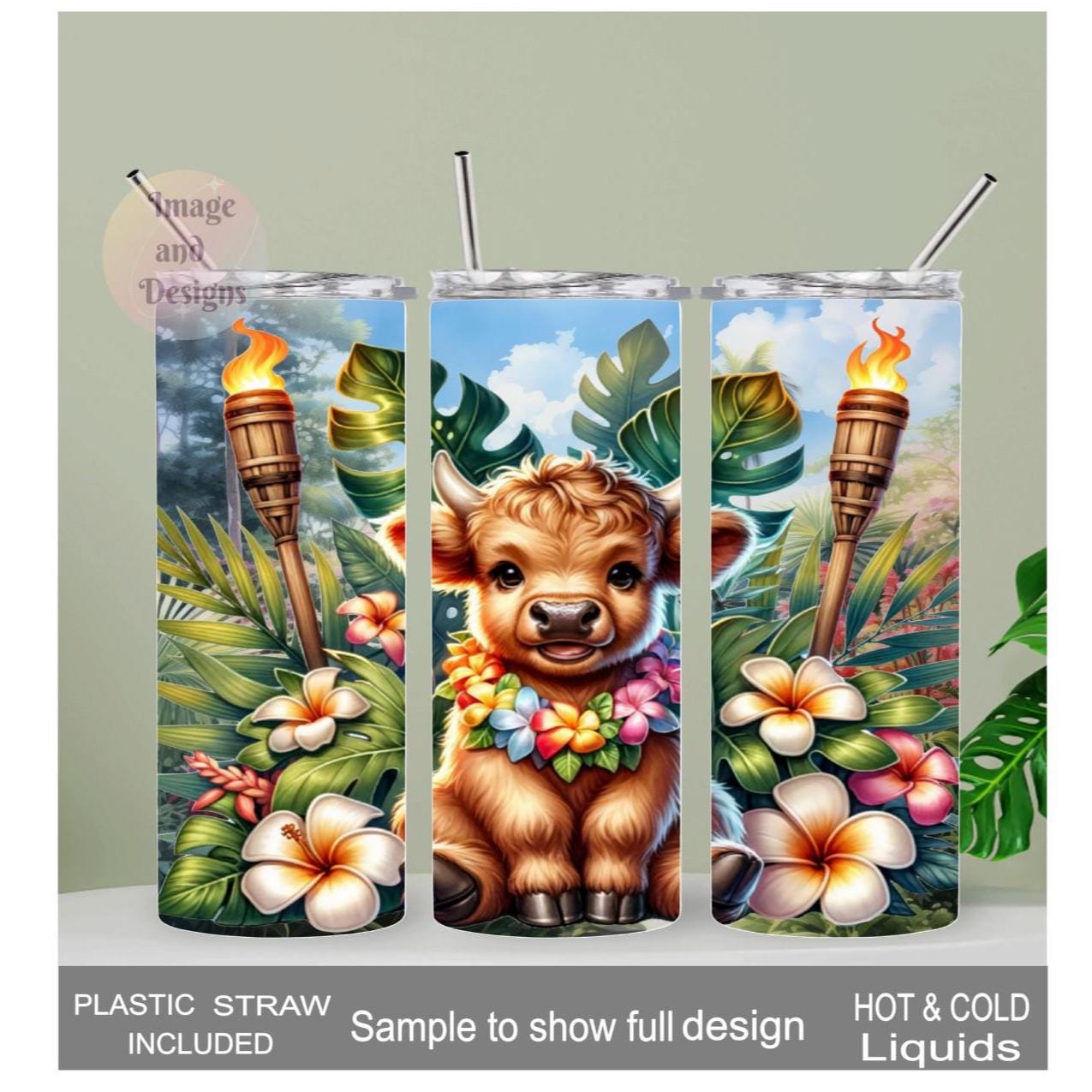 Tropical Highland Cow Tumbler 20oz With Reusable Straw, Can Be Personalized