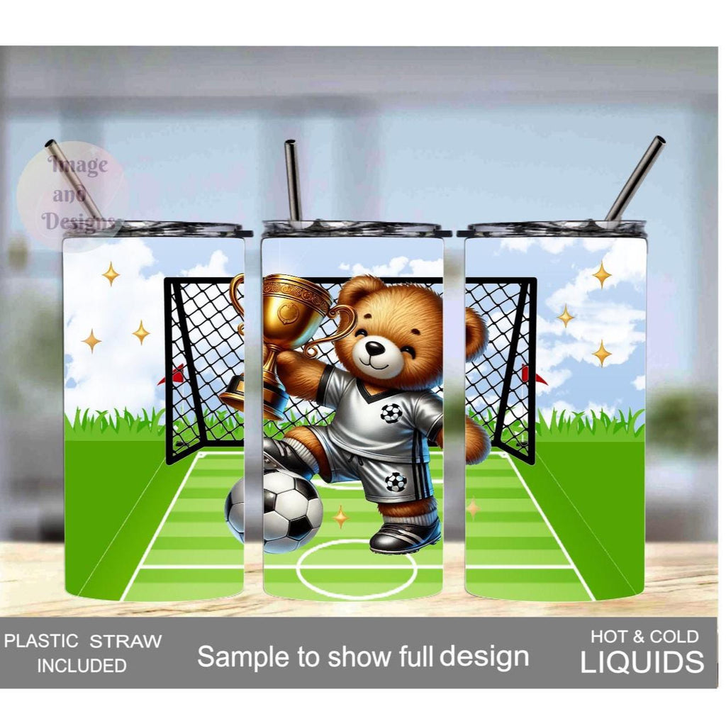 Kids Soccer Bear Tumbler 15oz With Reusable Straw, Can Be Personalized