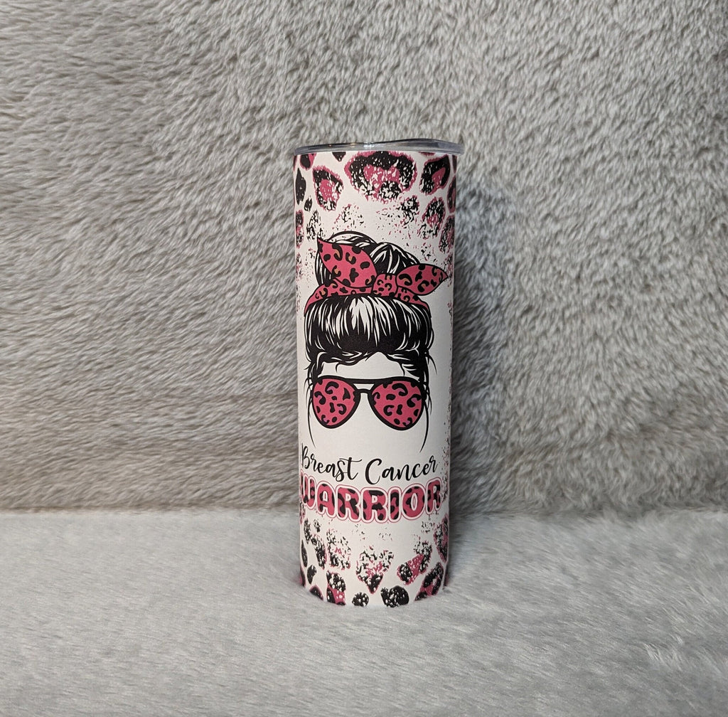 Breast Cancer Warrior Tumbler With A Pink Leopard Print 20oz With Reusable Straw, Can Be Personalized