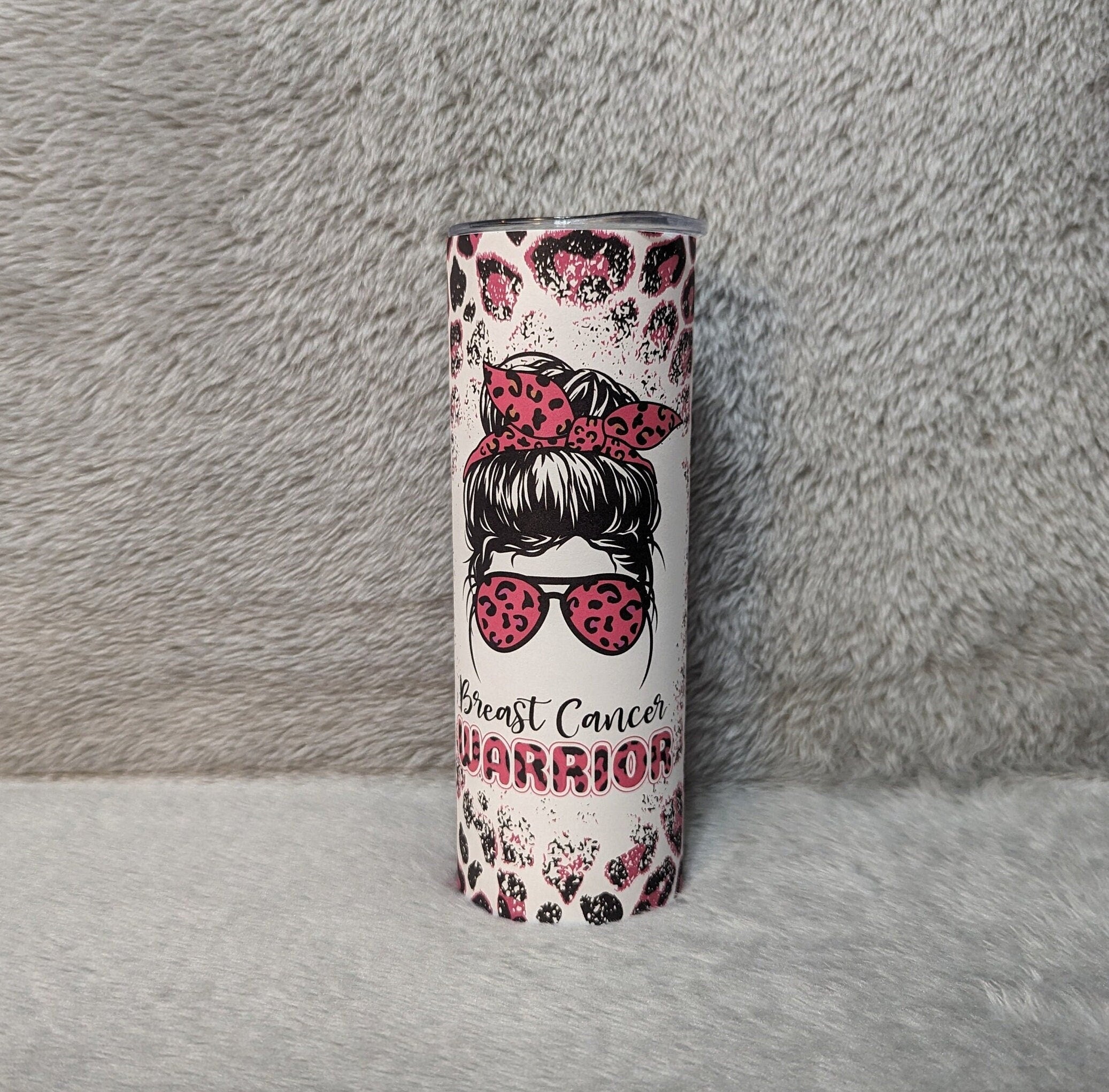 Breast Cancer Warrior Tumbler With A Pink Leopard Print 20oz With Reusable Straw, Can Be Personalized