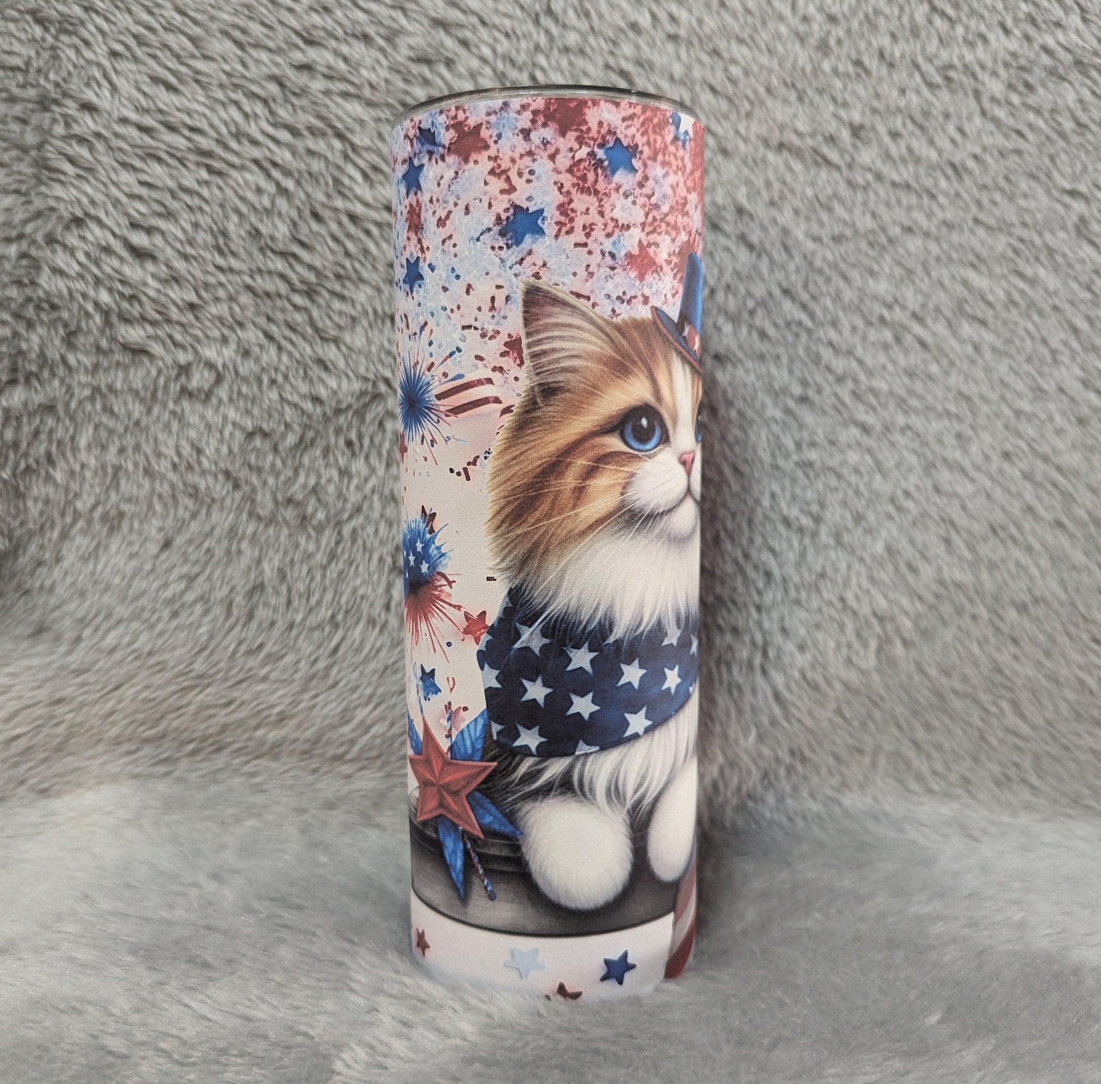 Patriotic Cat Tumbler 20oz With Reusable Straw, Can Be Personalized