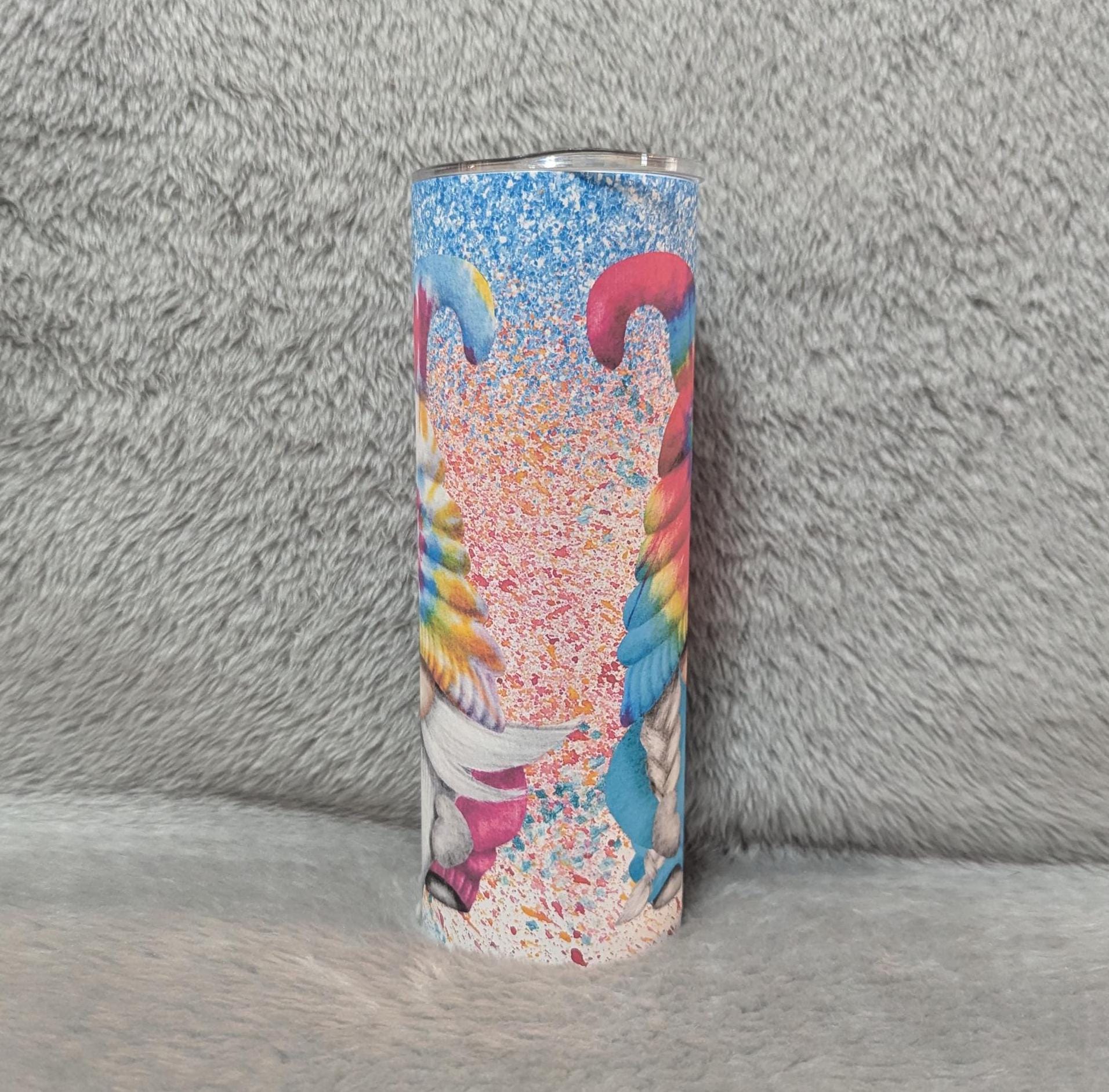Colorful Tie Dye Gnome Tumbler 20oz With Reusable Straw, Can Be Personalized