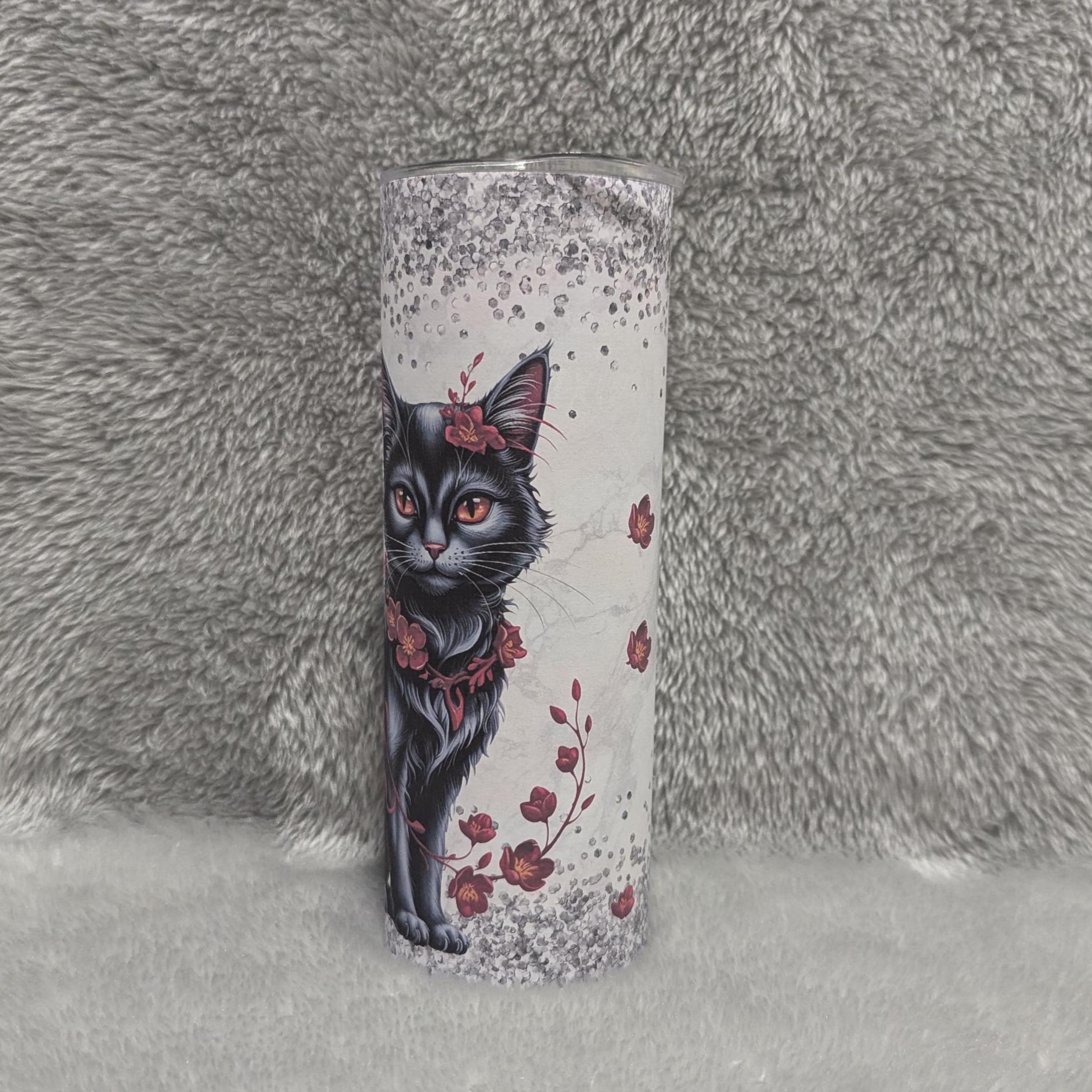 Black Cat Tumbler With A Glitter Design 20oz With Reusable Straw, Can Be Personalized