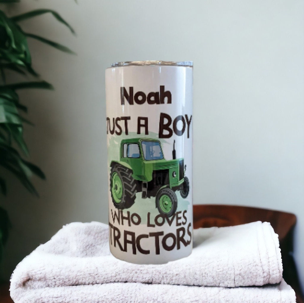 Just A Boy Who Loves Tractors Kids Tumbler 15oz With Reusable Straw, Can Be Personalized